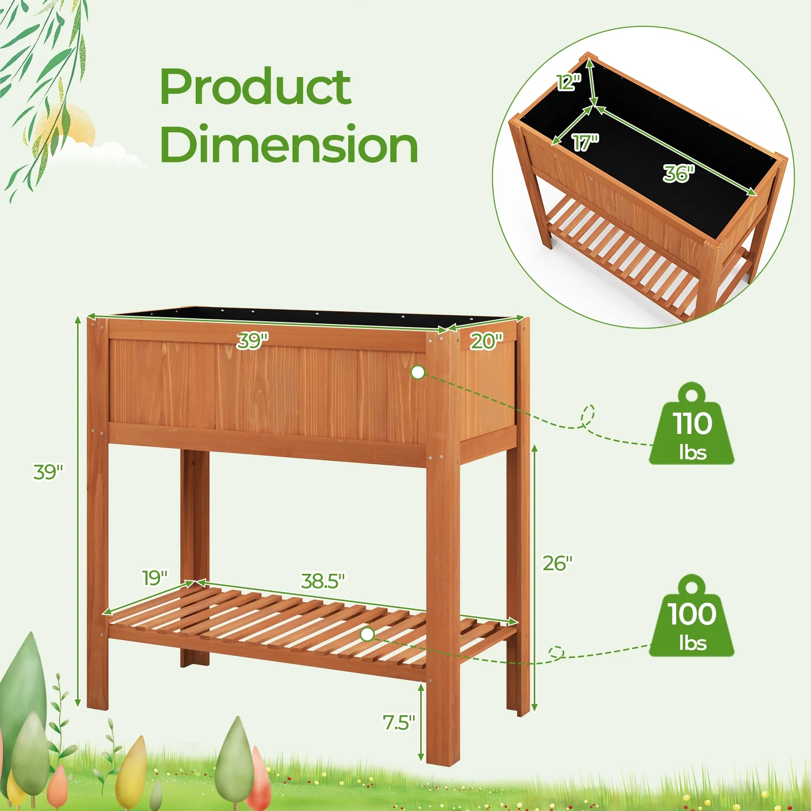 Outdoor Raised Garden Bed, Fir Wood Planter Box With Storage Shelf, Brown - Image 5