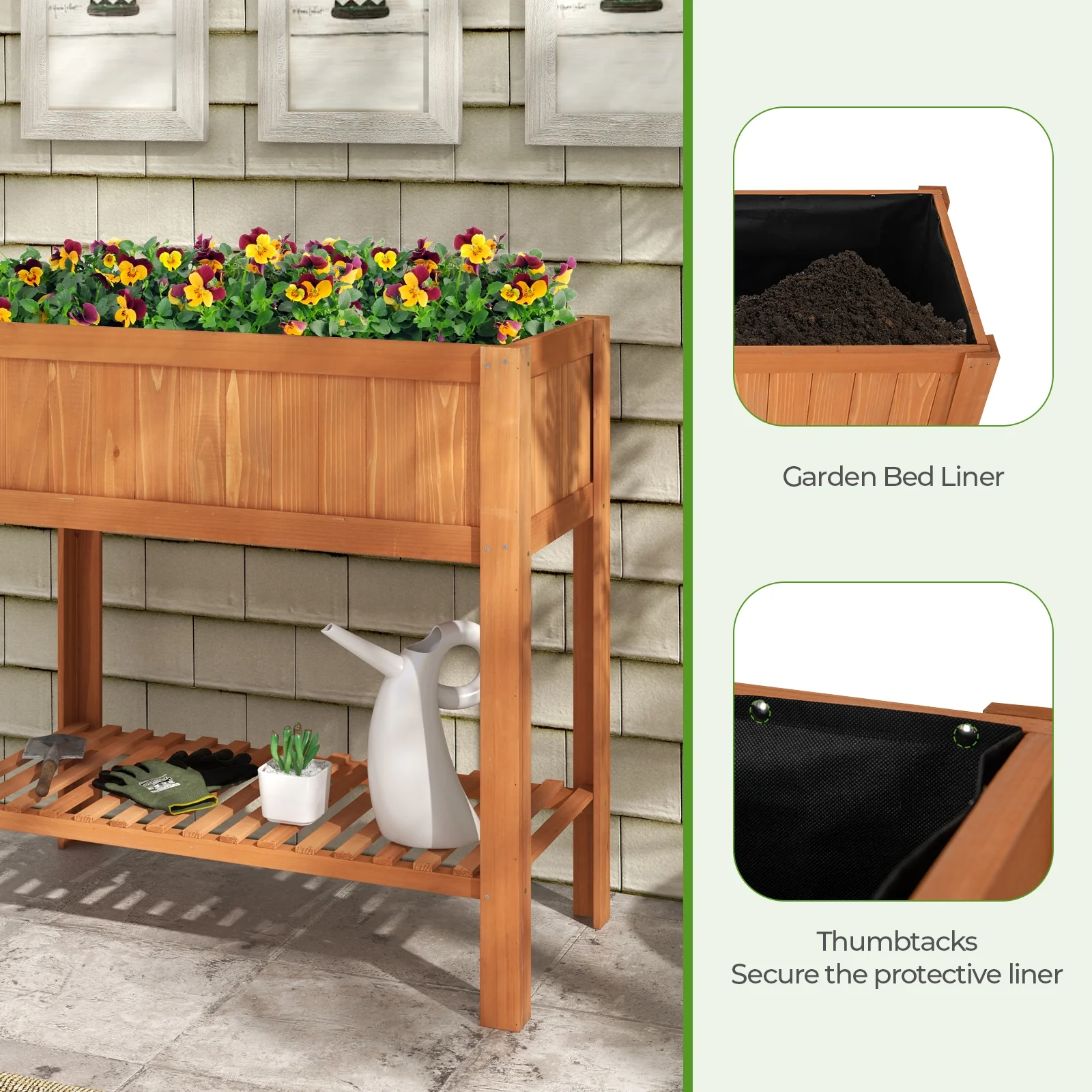 Outdoor Raised Garden Bed, Fir Wood Planter Box With Storage Shelf, Brown - Image 7