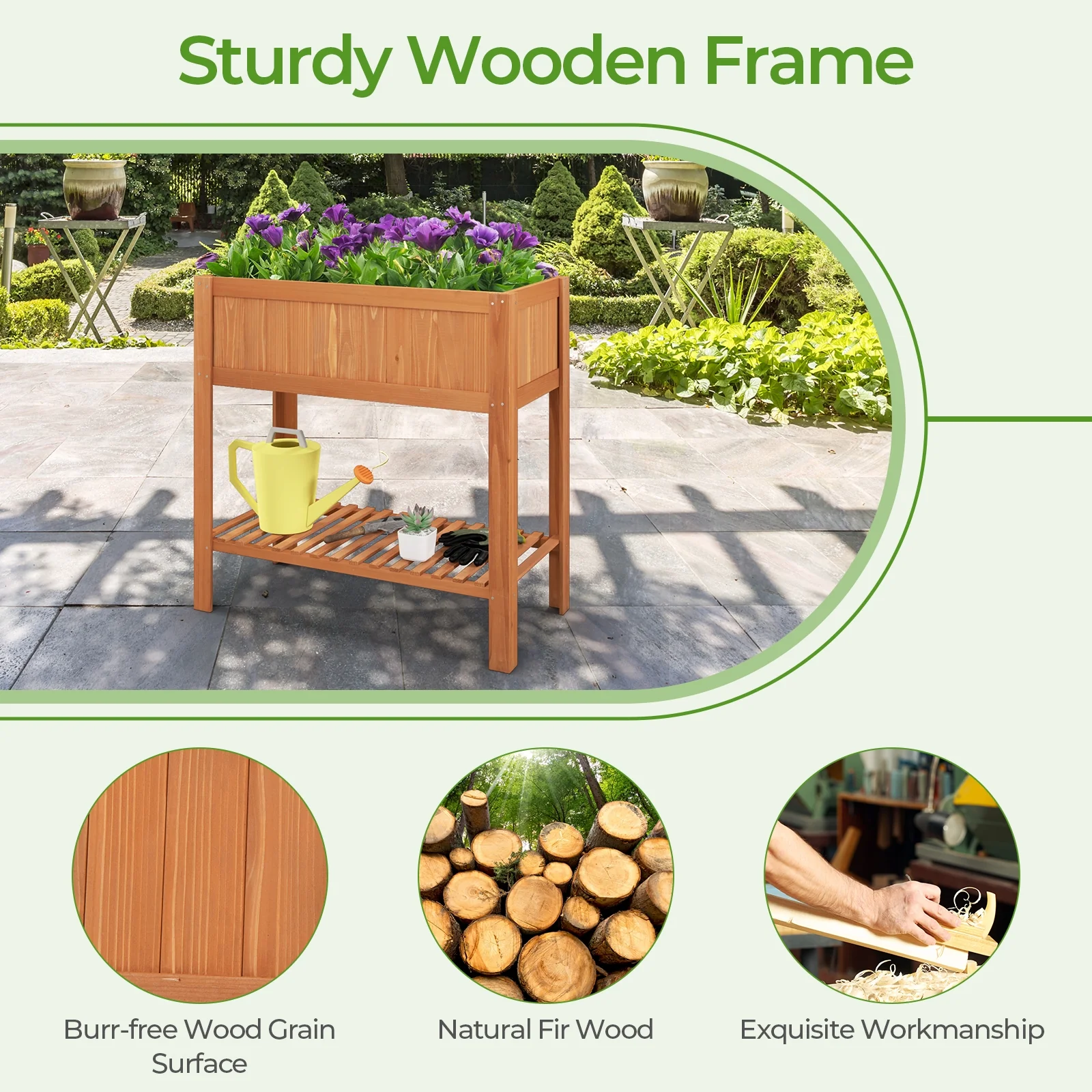 Outdoor Raised Garden Bed, Fir Wood Planter Box With Storage Shelf, Brown - Image 8