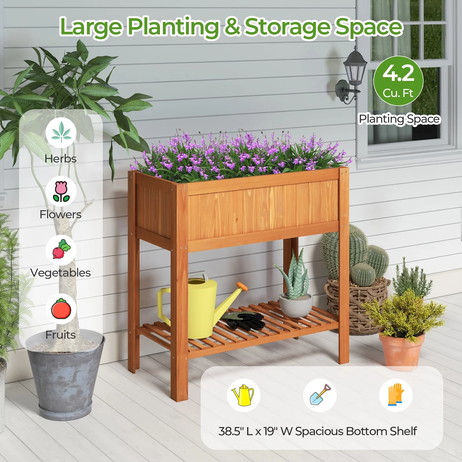 Outdoor Raised Garden Bed, Fir Wood Planter Box With Storage Shelf, Brown - Image 9