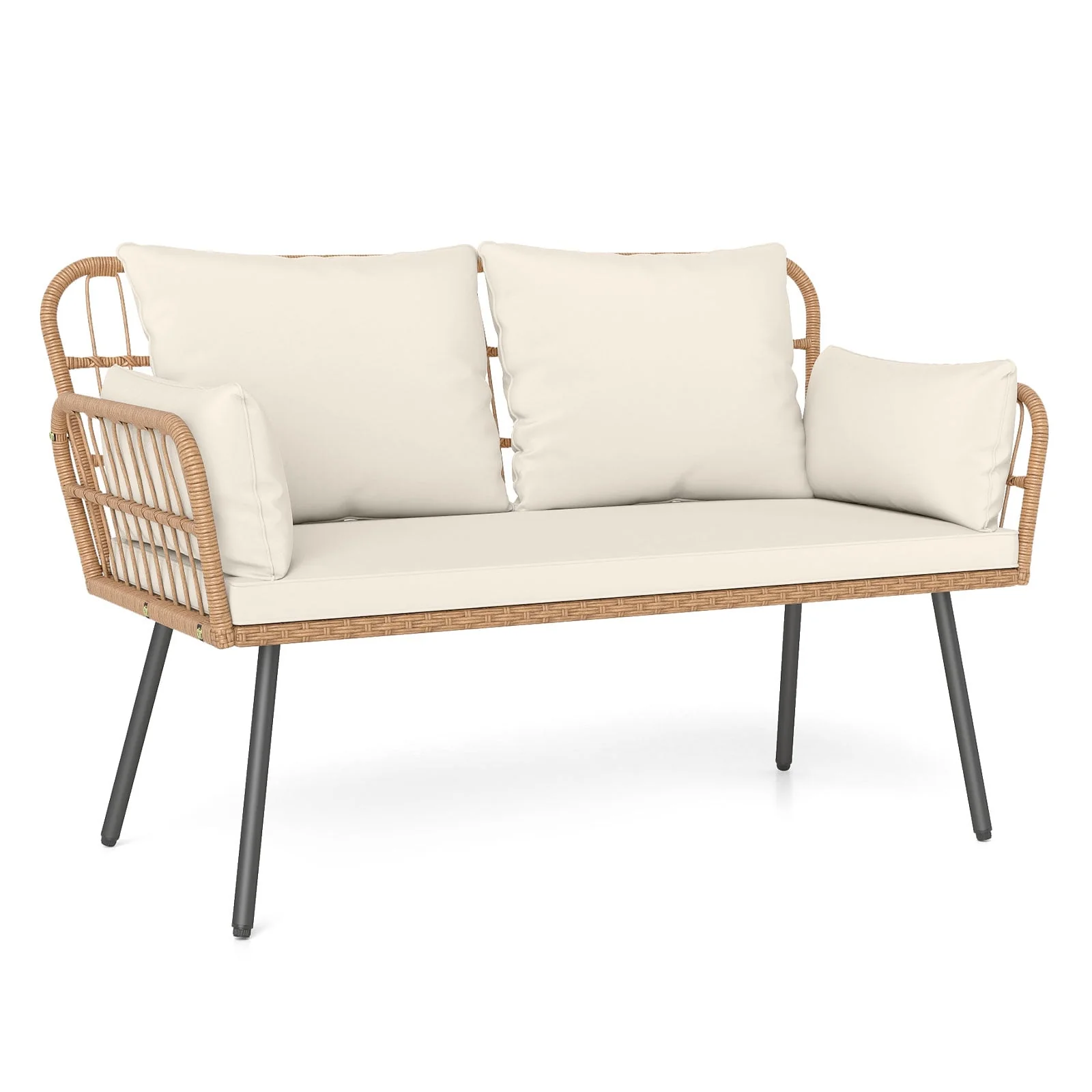 Outdoor Rattan 2-Seat Chair with Seat Back Cushions and Heavy-Duty Metal Legs, Off White