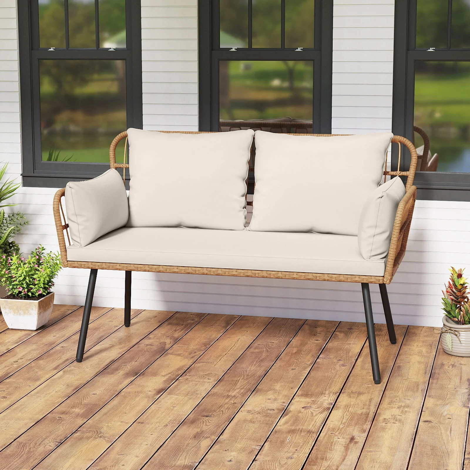 Outdoor Rattan 2-Seat Chair with Seat Back Cushions and Heavy-Duty Metal Legs, Off White - Image 2