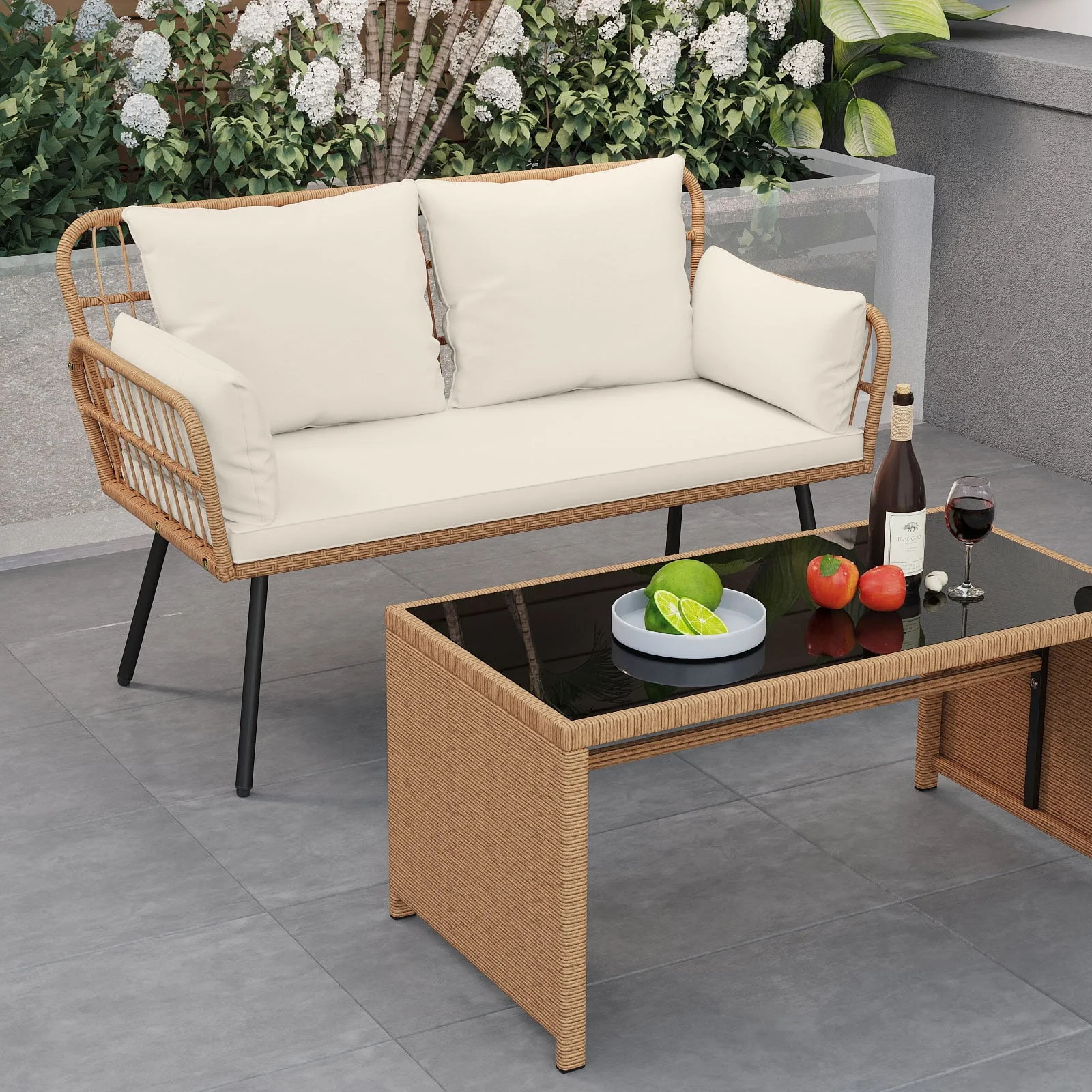 Outdoor Rattan 2-Seat Chair with Seat Back Cushions and Heavy-Duty Metal Legs, Off White - Image 3