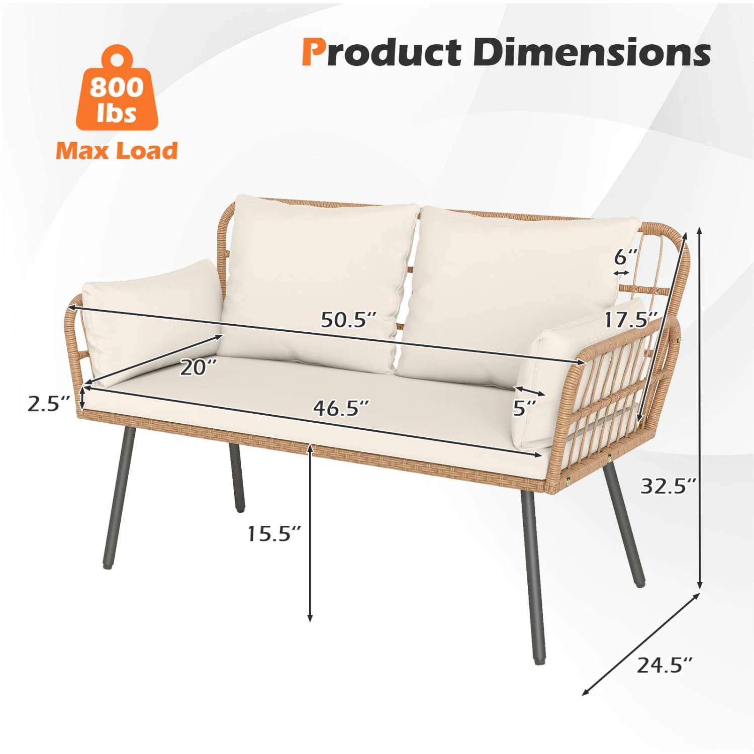 Outdoor Rattan 2-Seat Chair with Seat Back Cushions and Heavy-Duty Metal Legs, Off White - Image 5