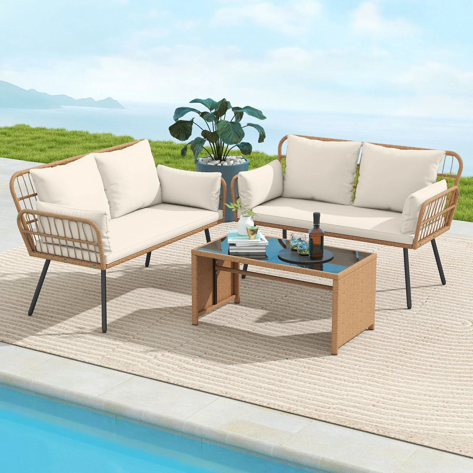 Outdoor Rattan 2-Seat Chair with Seat Back Cushions and Heavy-Duty Metal Legs, Off White - Image 6