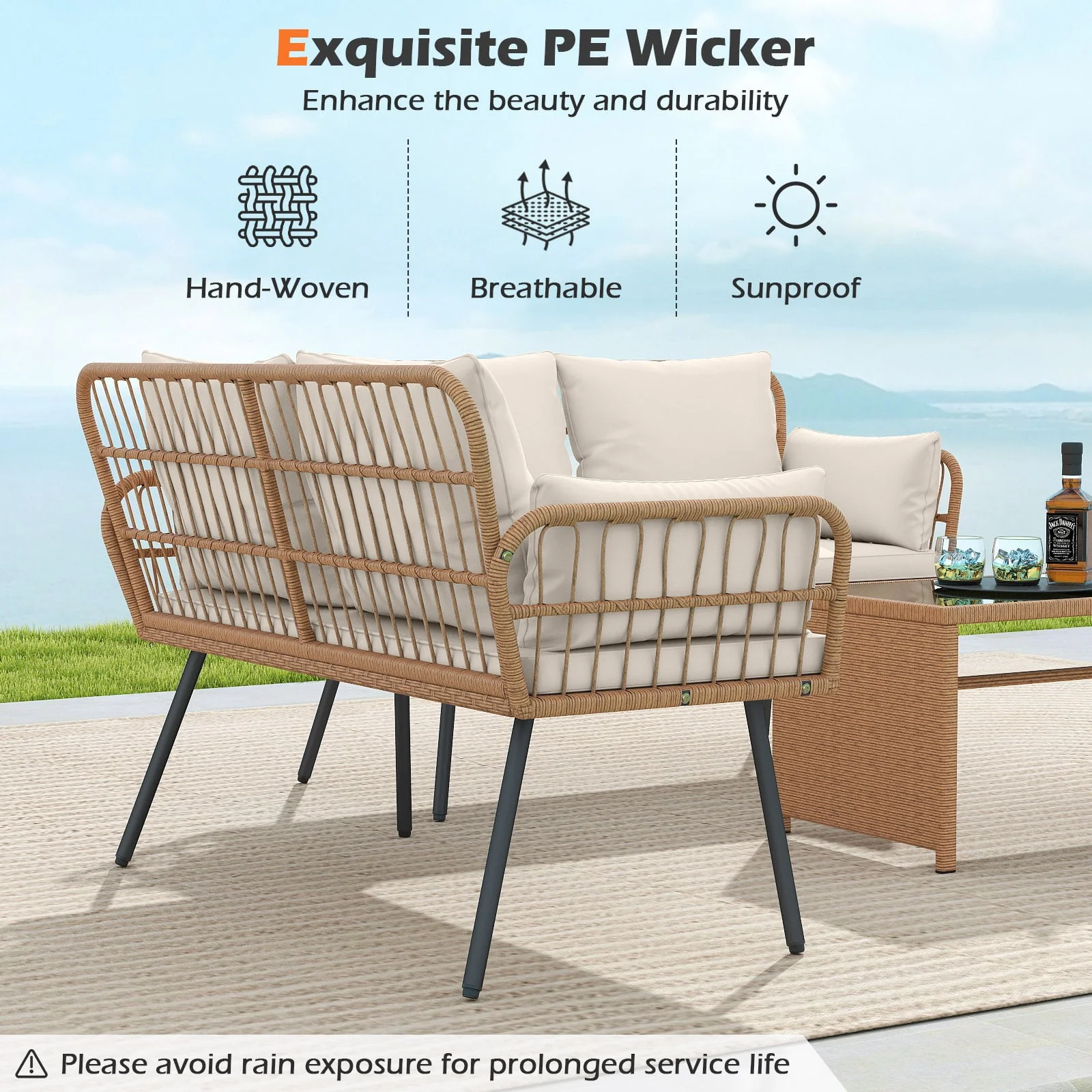 Outdoor Rattan 2-Seat Chair with Seat Back Cushions and Heavy-Duty Metal Legs, Off White - Image 7