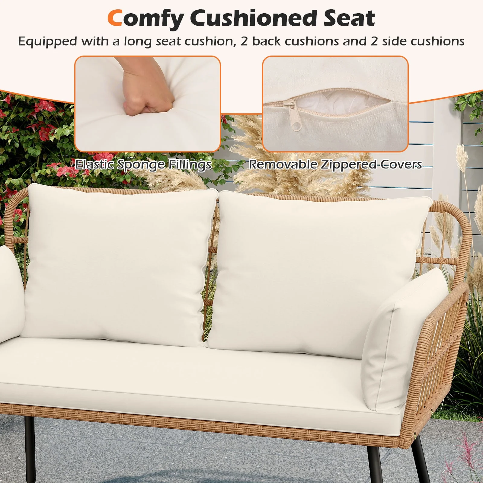 Outdoor Rattan 2-Seat Chair with Seat Back Cushions and Heavy-Duty Metal Legs, Off White - Image 8