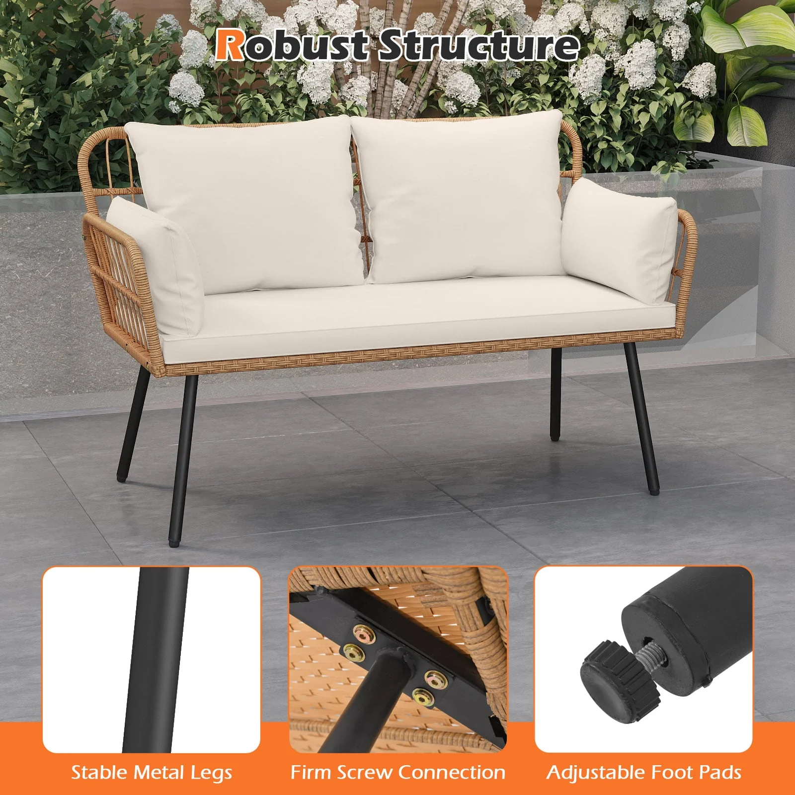 Outdoor Rattan 2-Seat Chair with Seat Back Cushions and Heavy-Duty Metal Legs, Off White - Image 9