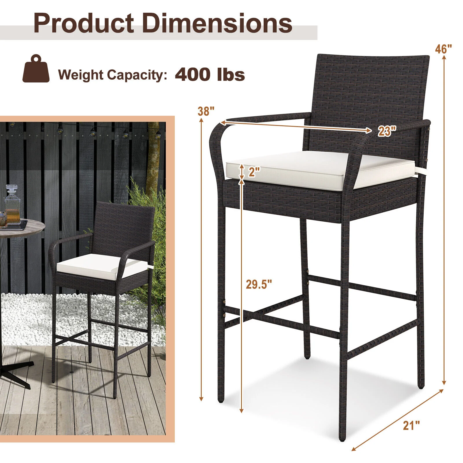 Outdoor Rattan Barstool Set, 4 Pieces, With Armrests, Off White - Image 4