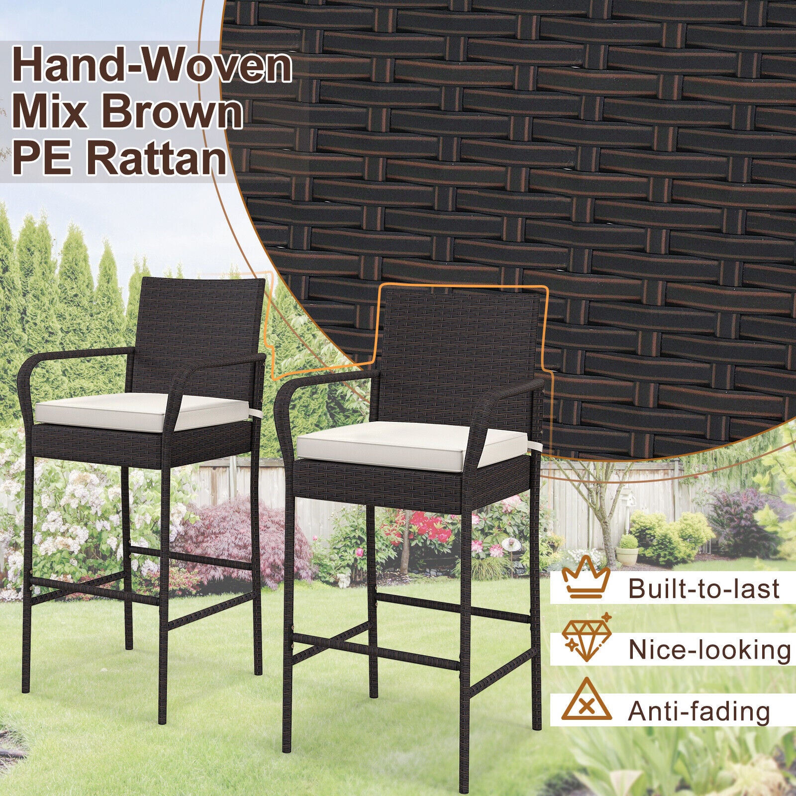 Outdoor Rattan Barstool Set, 4 Pieces, With Armrests, Off White - Image 5