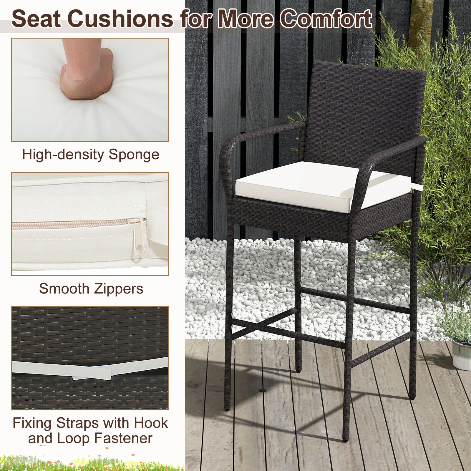 Outdoor Rattan Barstool Set, 4 Pieces, With Armrests, Off White - Image 6