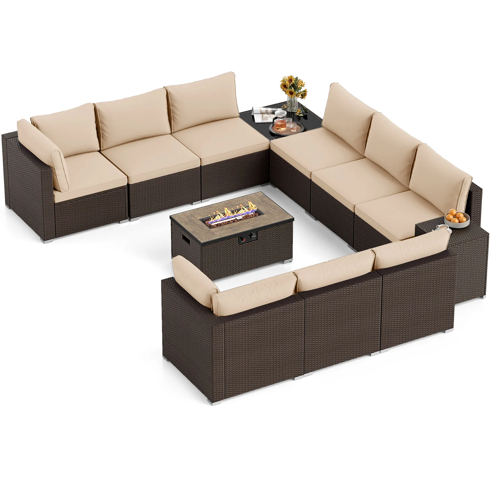 Outdoor Rattan Conversation Set, 32” Fire Pit Table With Tank Holder, Beige - Image 4