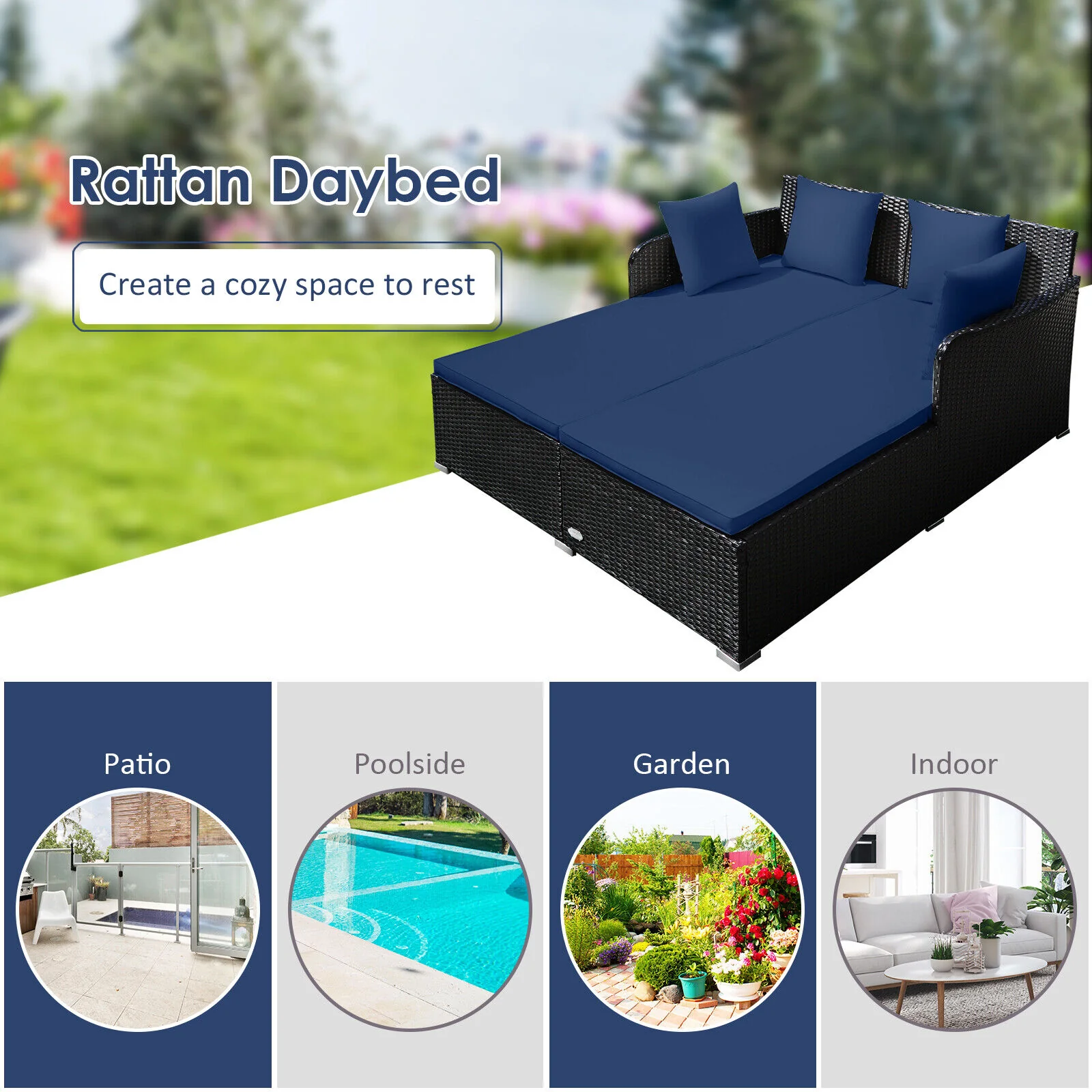 Outdoor Rattan Daybed With Cushions, Navy - Image 10