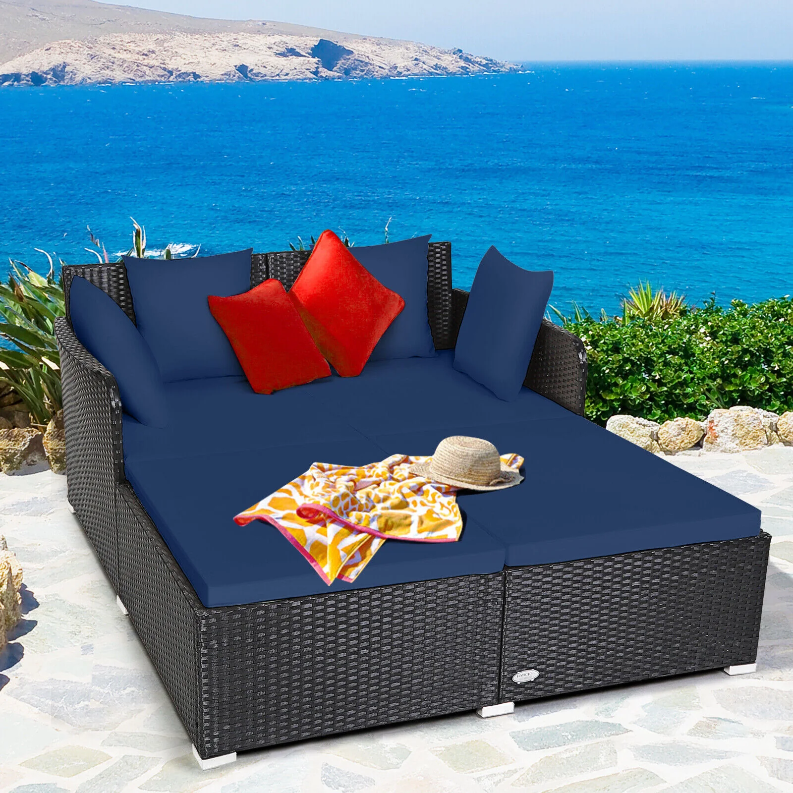 Outdoor Rattan Daybed With Cushions, Navy - Image 2