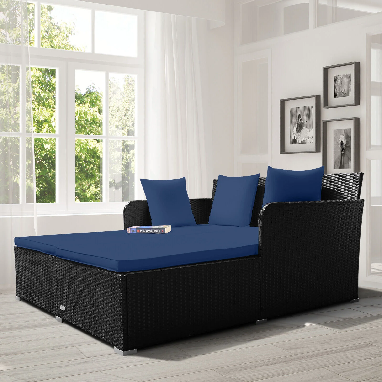 Outdoor Rattan Daybed With Cushions, Navy - Image 3