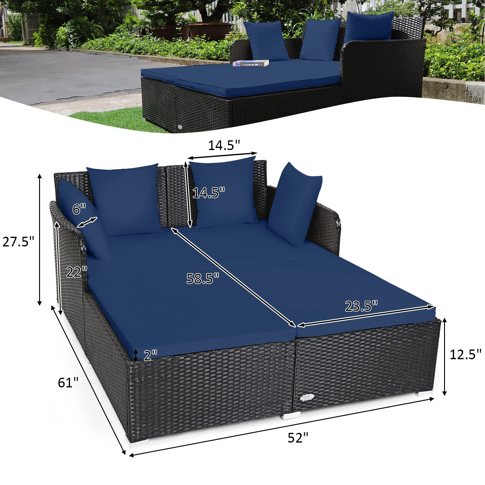 Outdoor Rattan Daybed With Cushions, Navy - Image 6