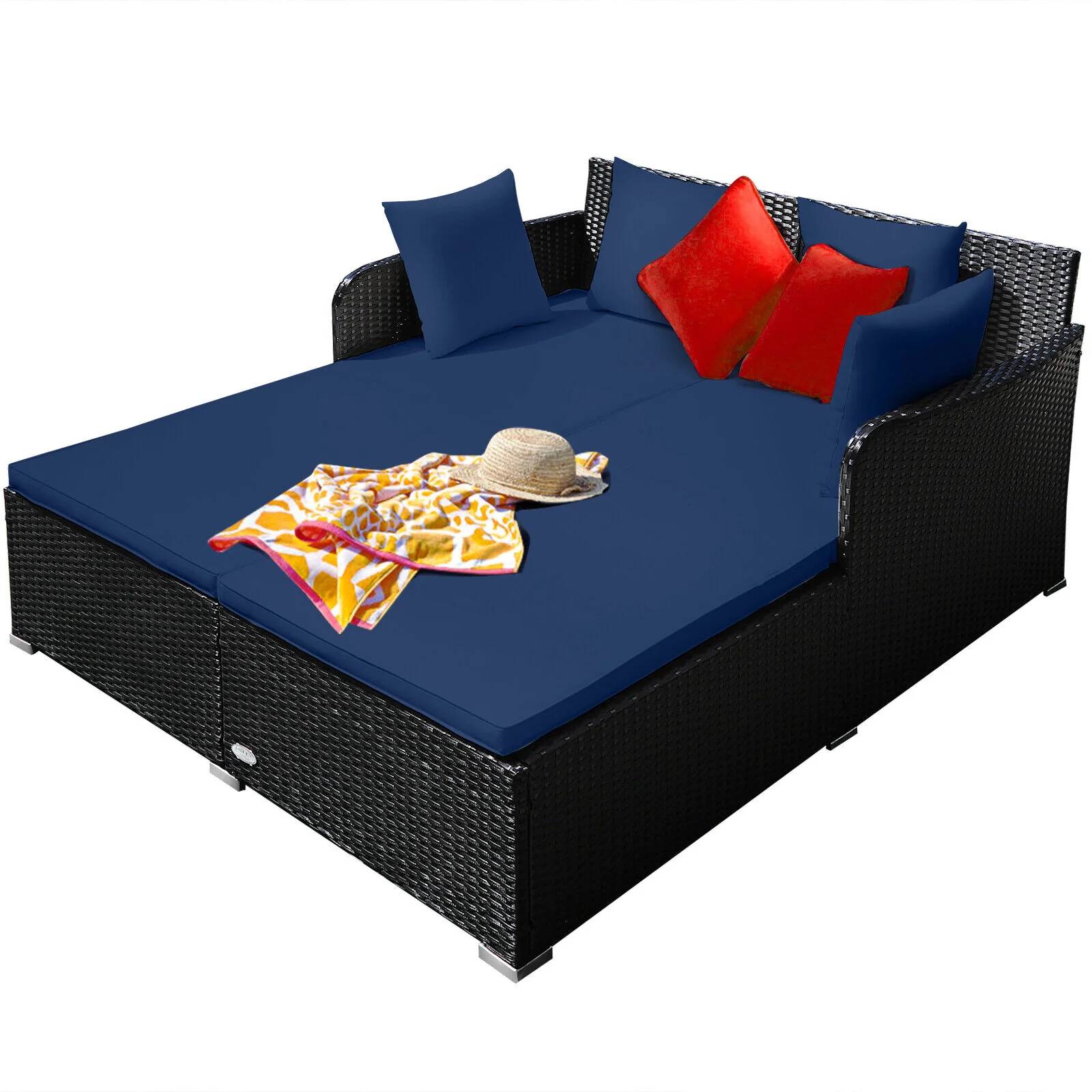 Outdoor Rattan Daybed With Cushions, Navy - Image 8