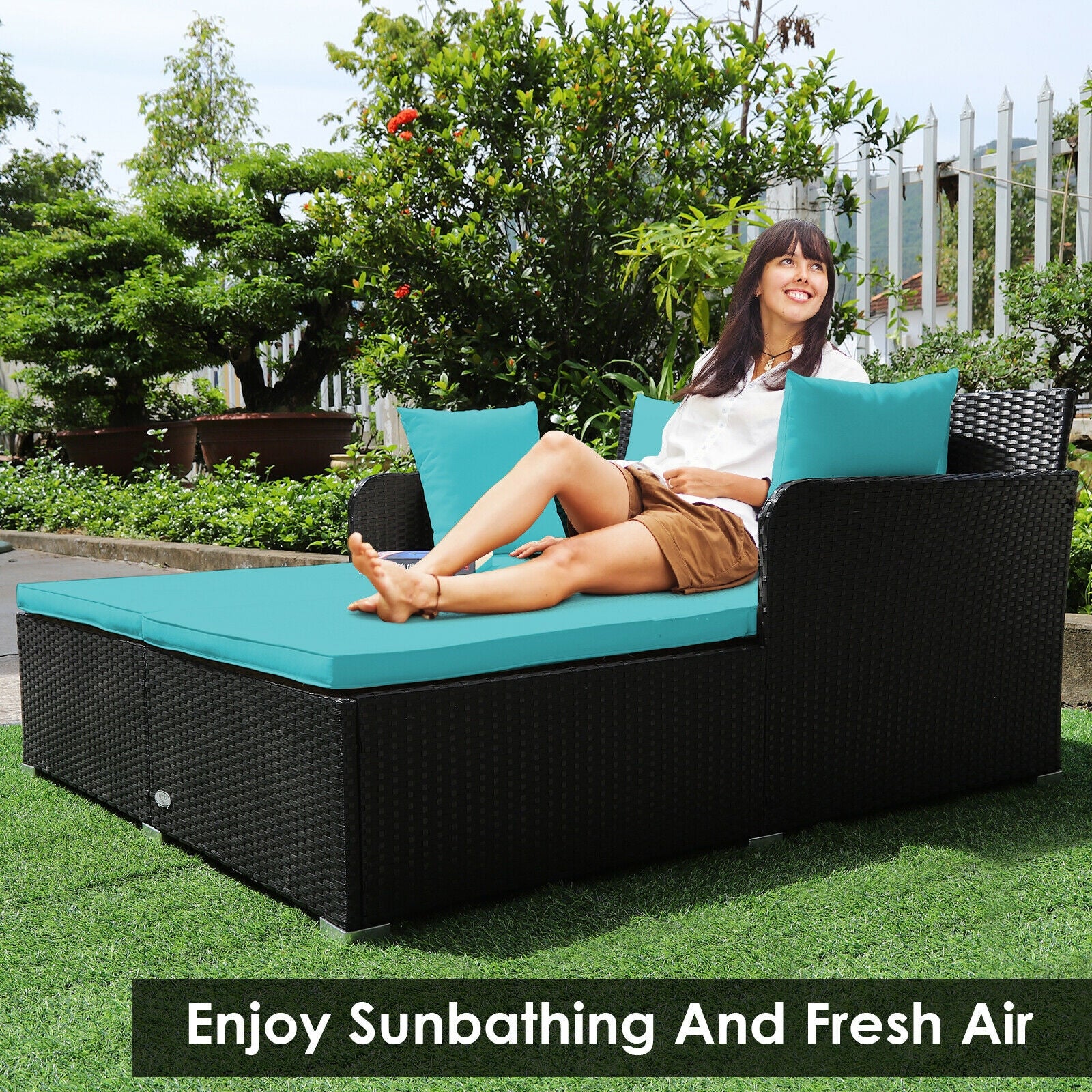 Outdoor Rattan Daybed With Cushions, Turquoise - Image 10