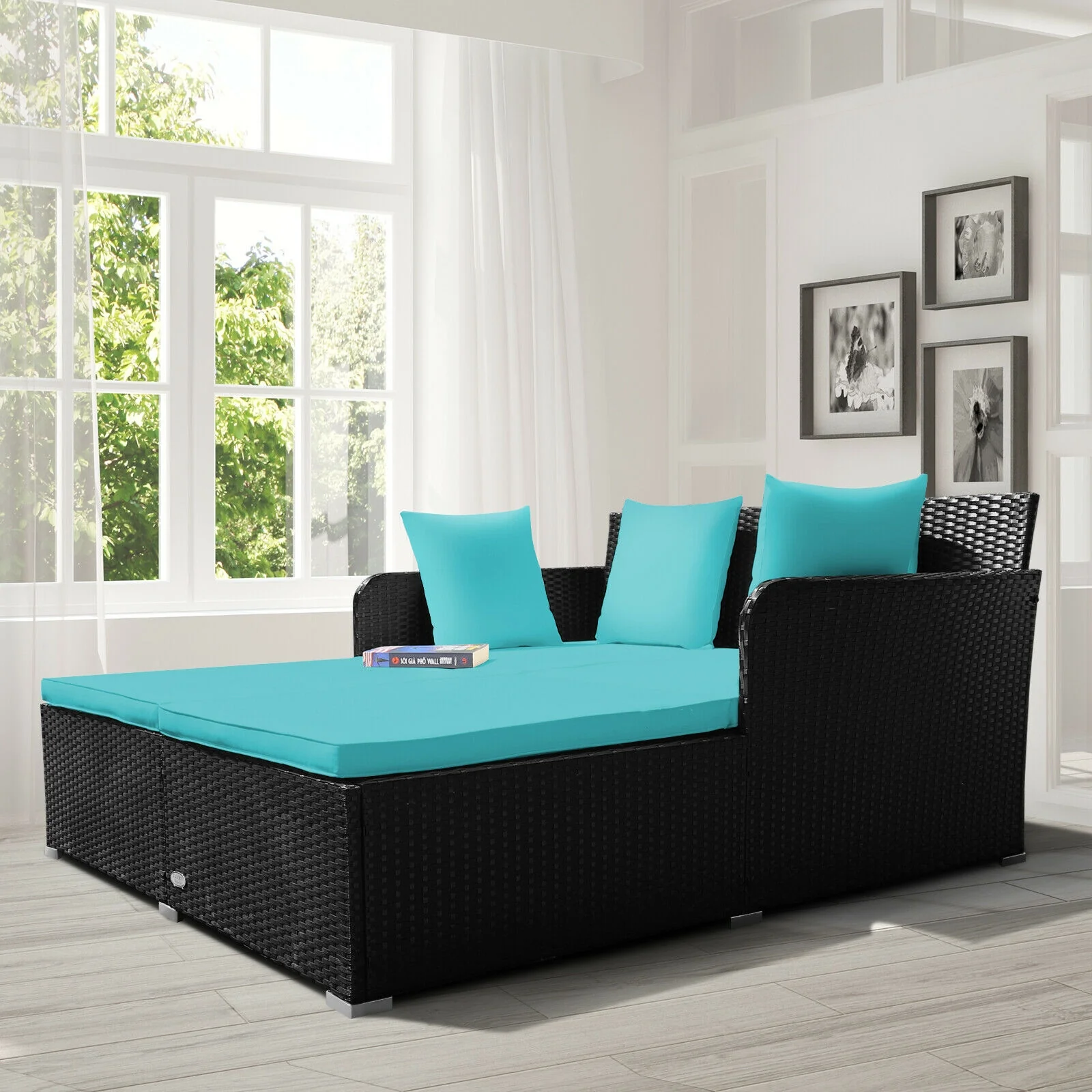 Outdoor Rattan Daybed With Cushions, Turquoise - Image 2