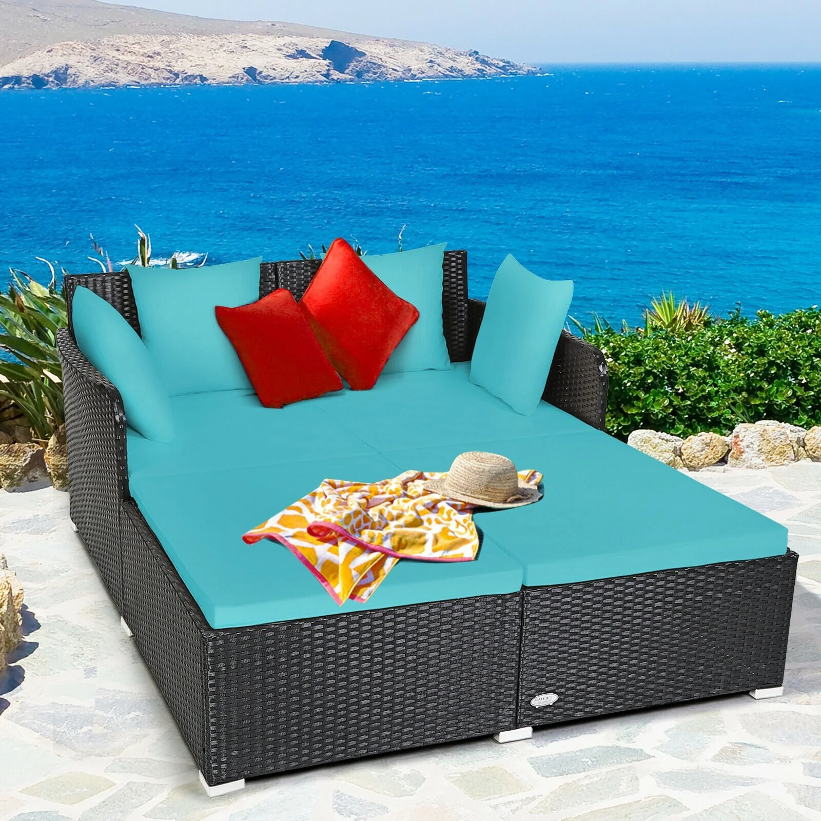 Outdoor Rattan Daybed With Cushions, Turquoise - Image 3