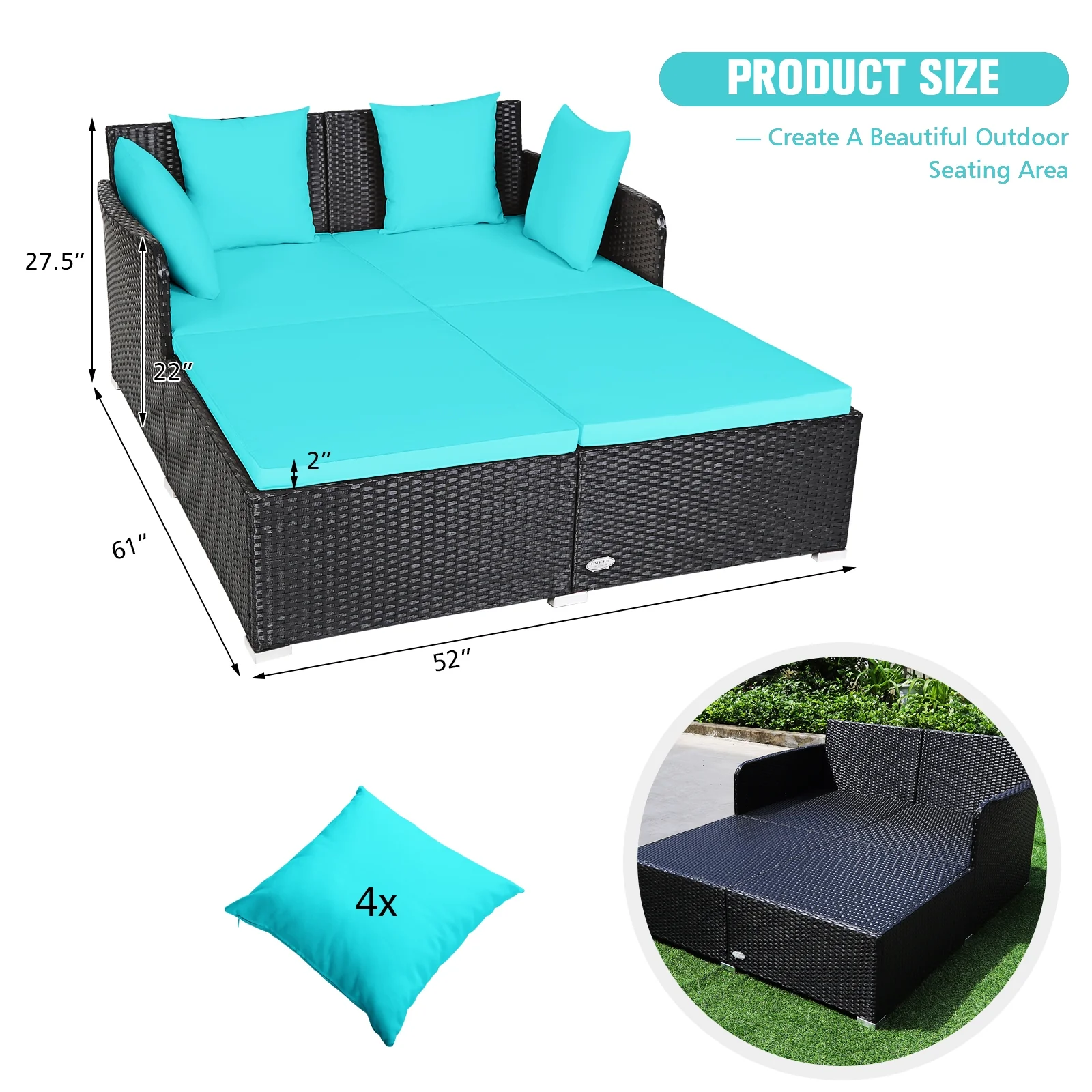 Outdoor Rattan Daybed With Cushions, Turquoise - Image 6