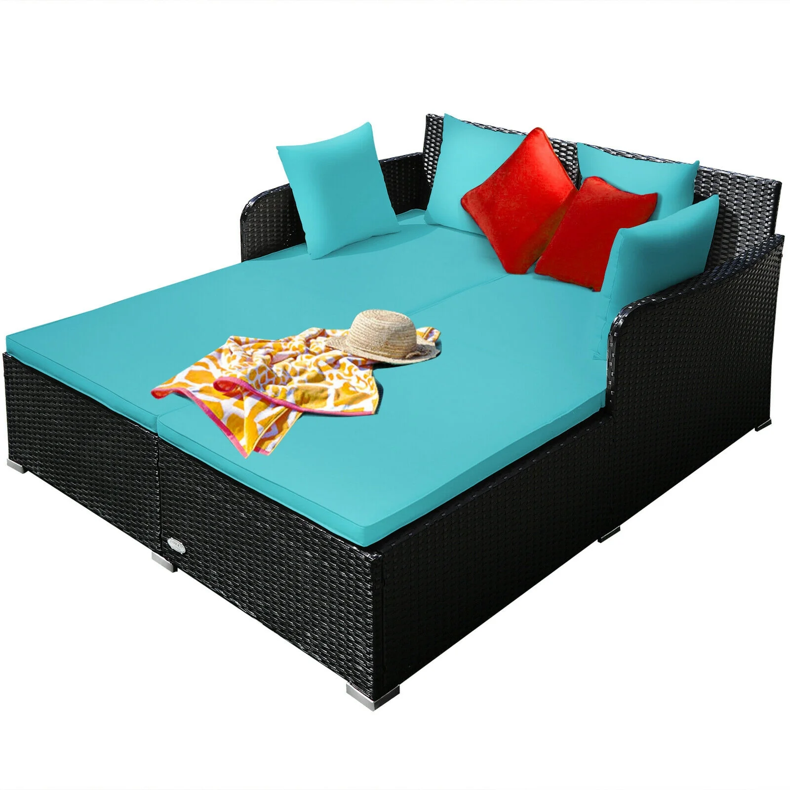 Outdoor Rattan Daybed With Cushions, Turquoise - Image 7