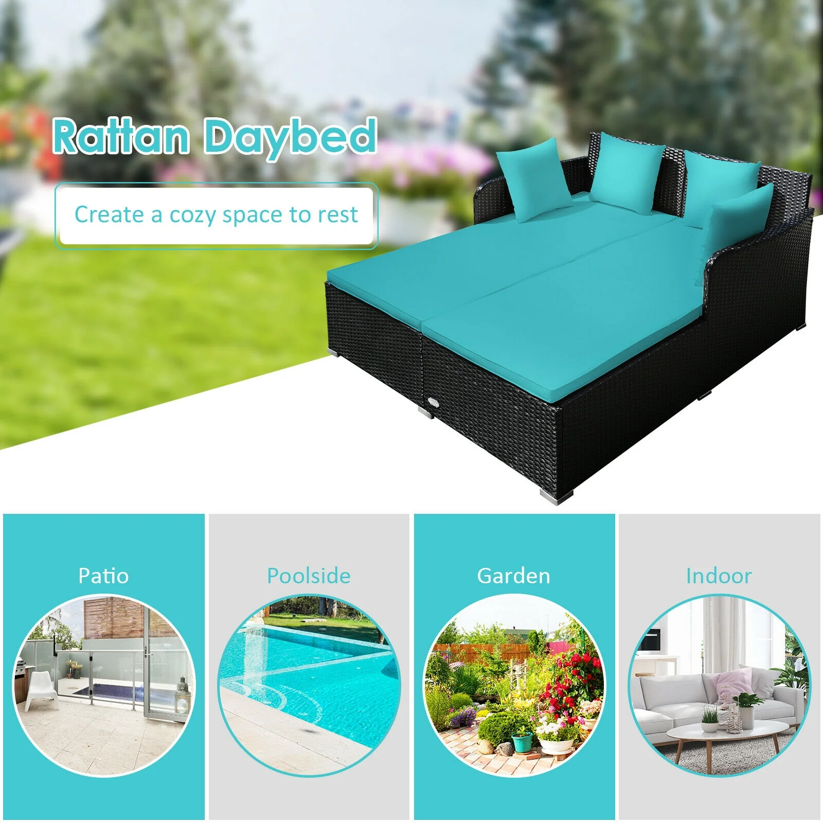 Outdoor Rattan Daybed With Cushions, Turquoise - Image 9