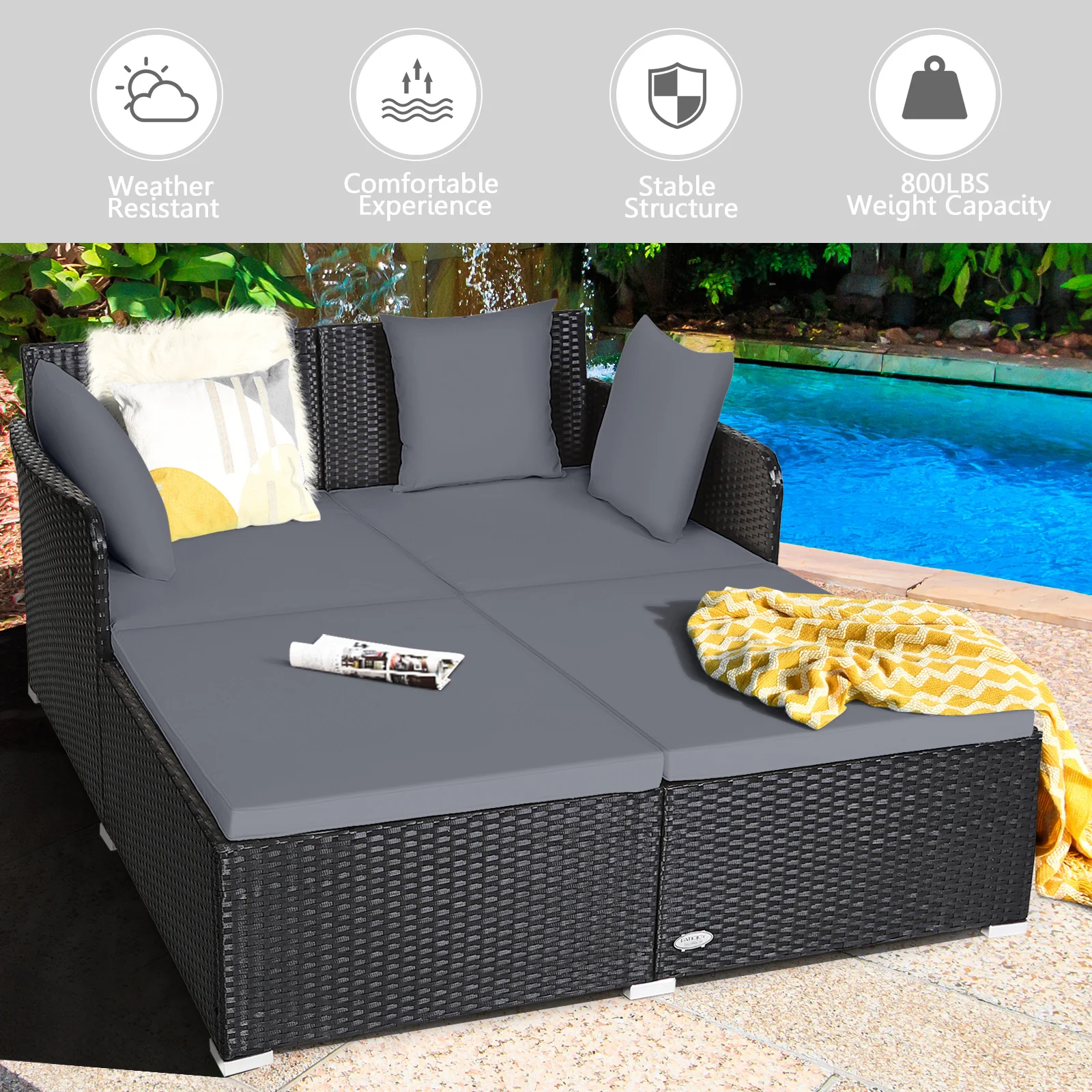 Outdoor Rattan Daybed With Upholstered Cushions, Gray - Image 10