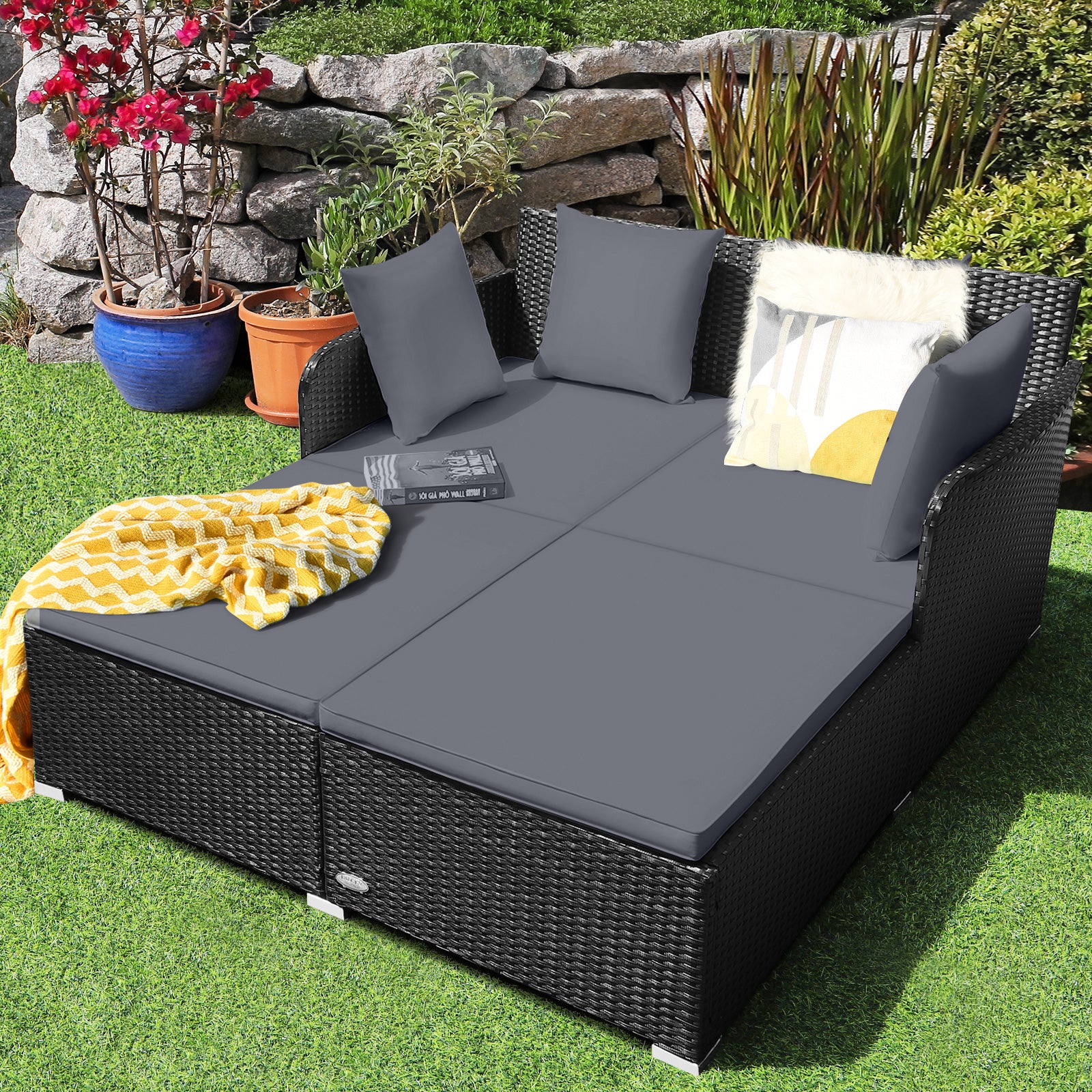 Outdoor Rattan Daybed With Upholstered Cushions, Gray - Image 2