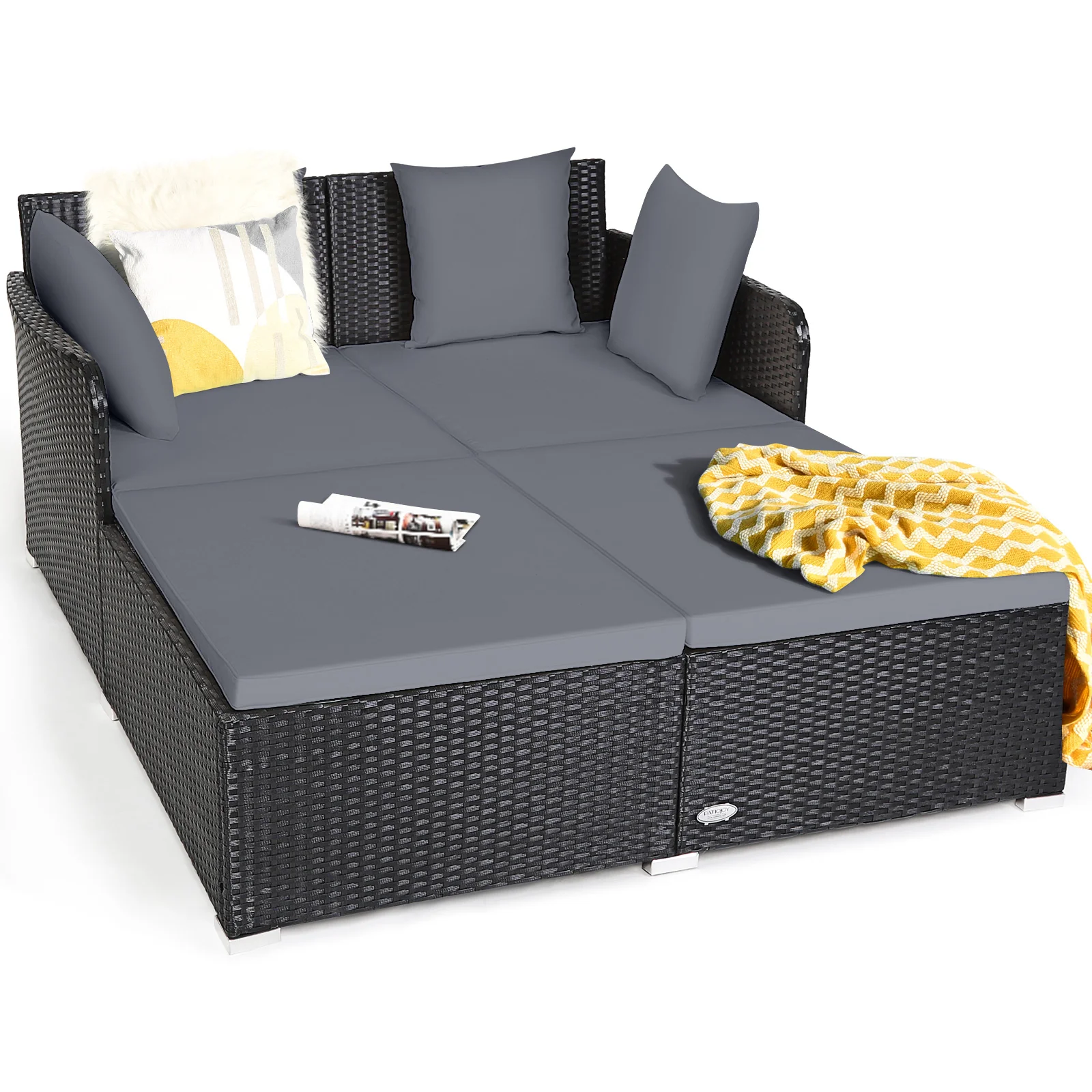 Outdoor Rattan Daybed With Upholstered Cushions, Gray - Image 5
