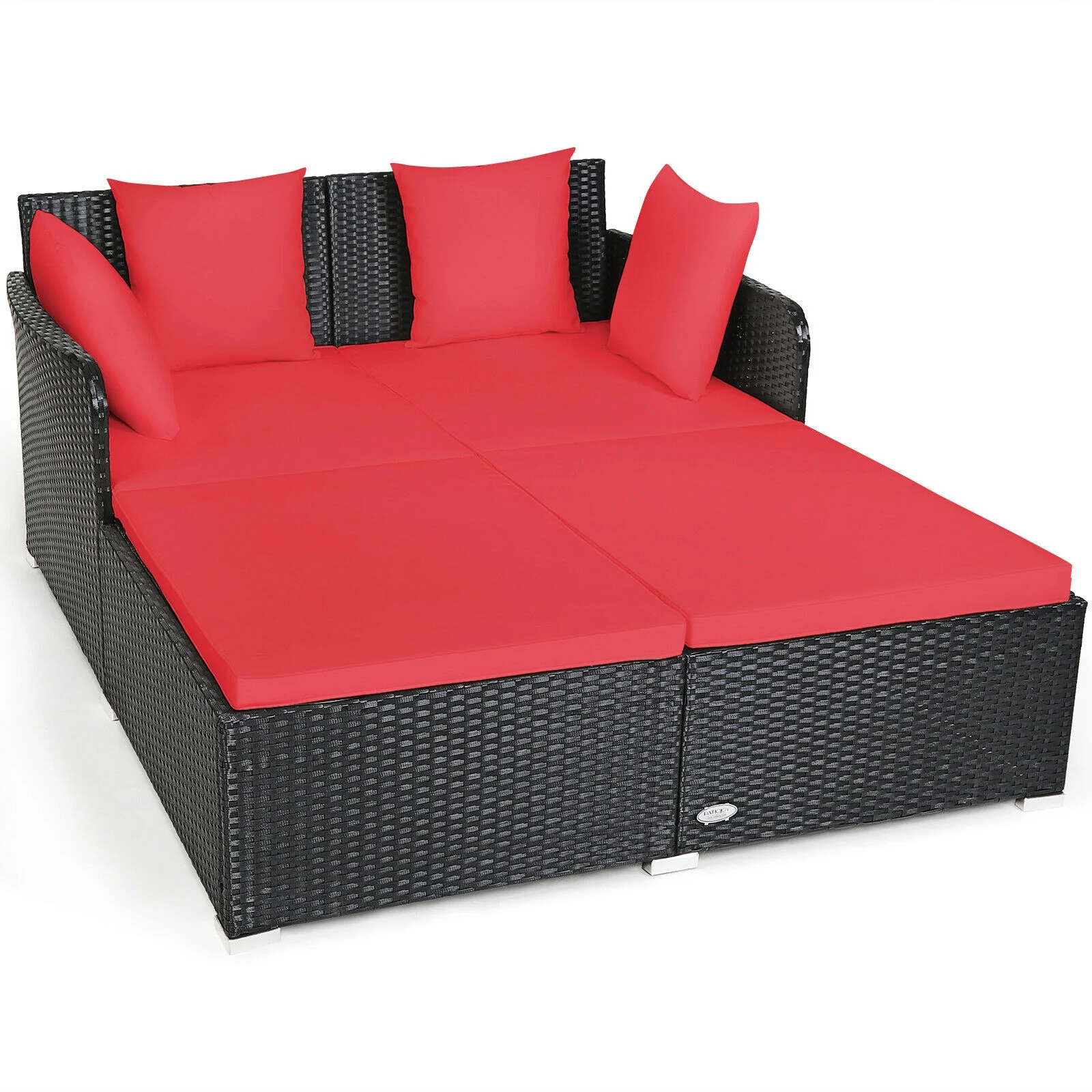 Outdoor Rattan Daybed With Upholstered Cushions, Red