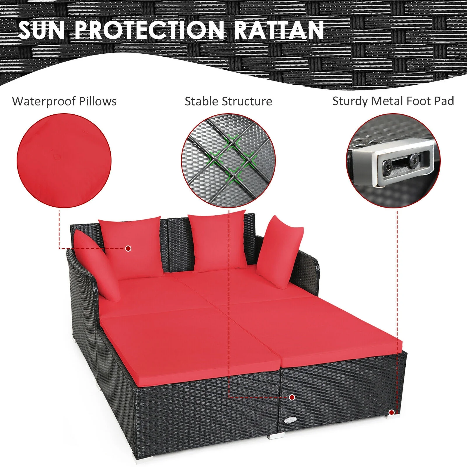 Outdoor Rattan Daybed With Upholstered Cushions, Red - Image 10