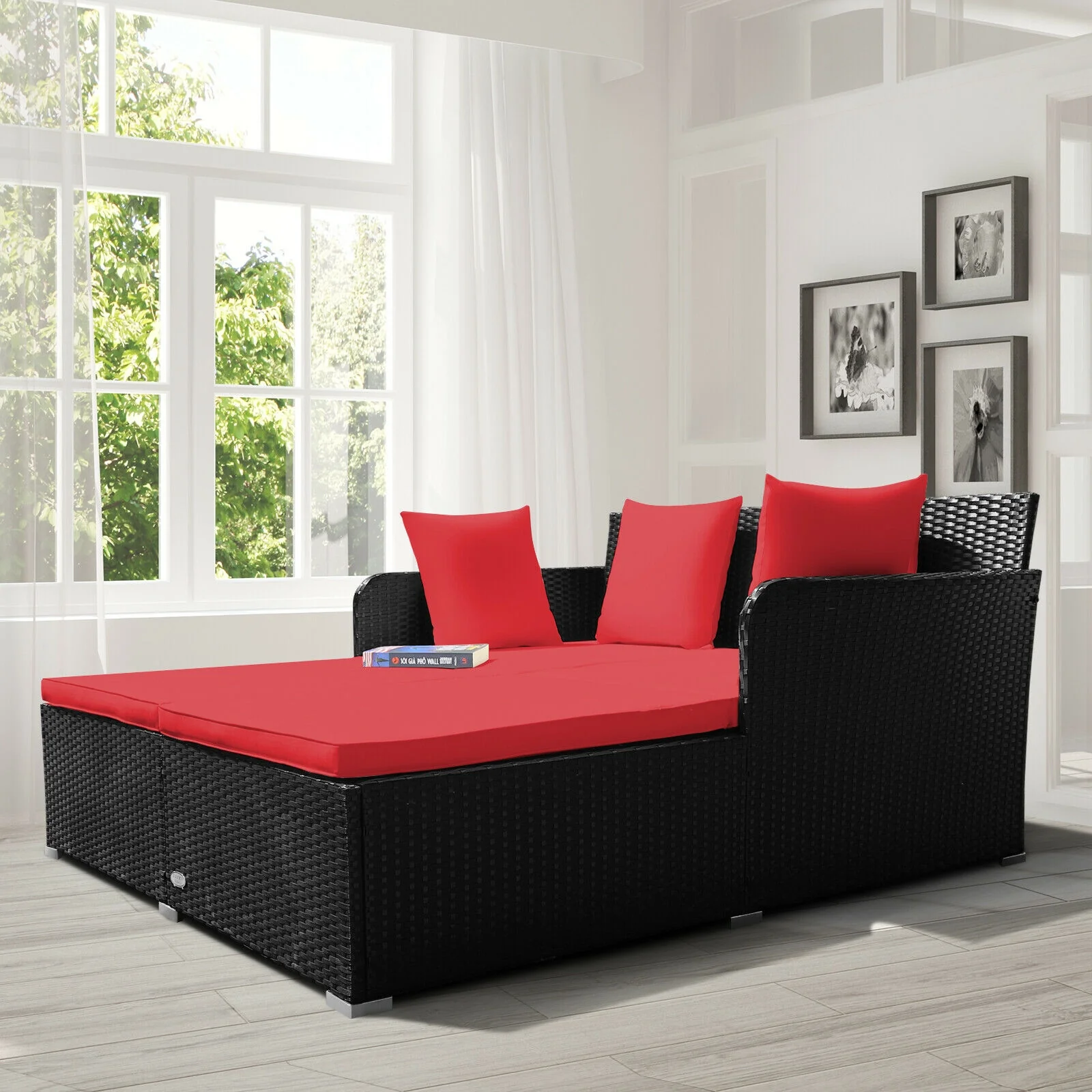 Outdoor Rattan Daybed With Upholstered Cushions, Red - Image 3