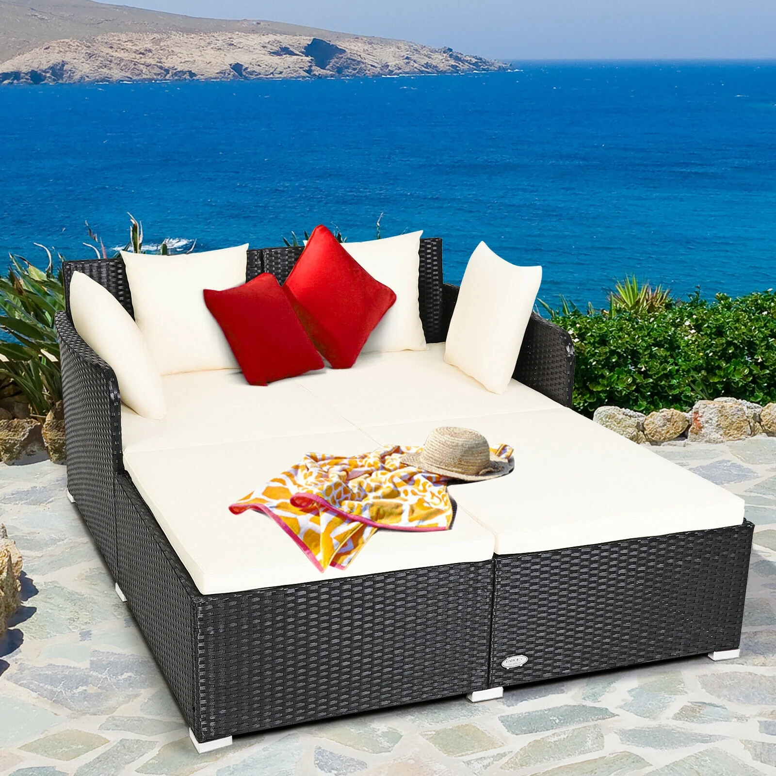 Outdoor Rattan Daybed With Upholstered Cushions, White - Image 2