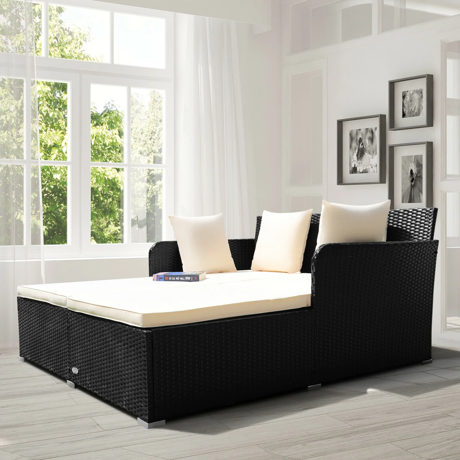 Outdoor Rattan Daybed With Upholstered Cushions, White - Image 3