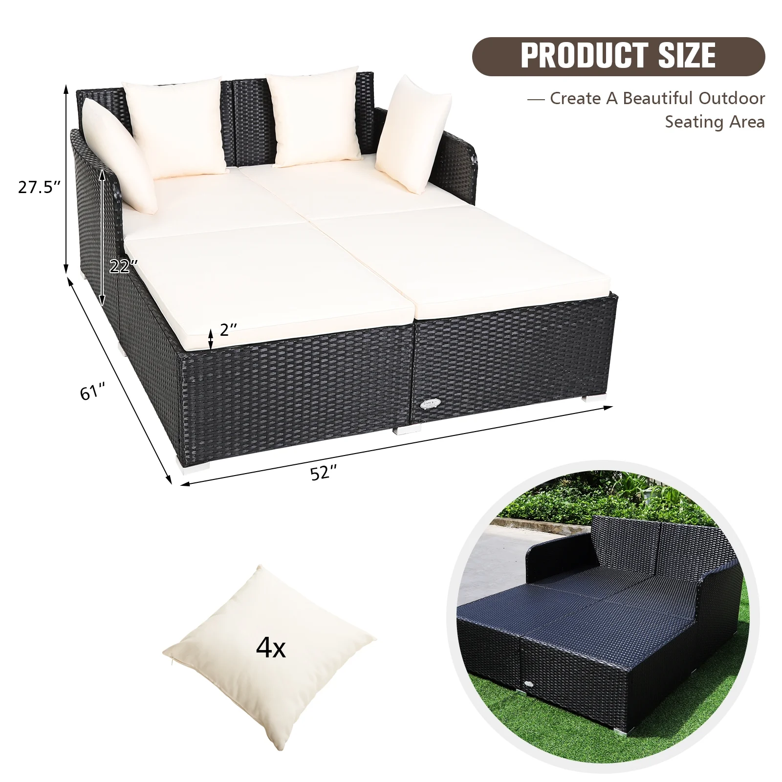 Outdoor Rattan Daybed With Upholstered Cushions, White - Image 6