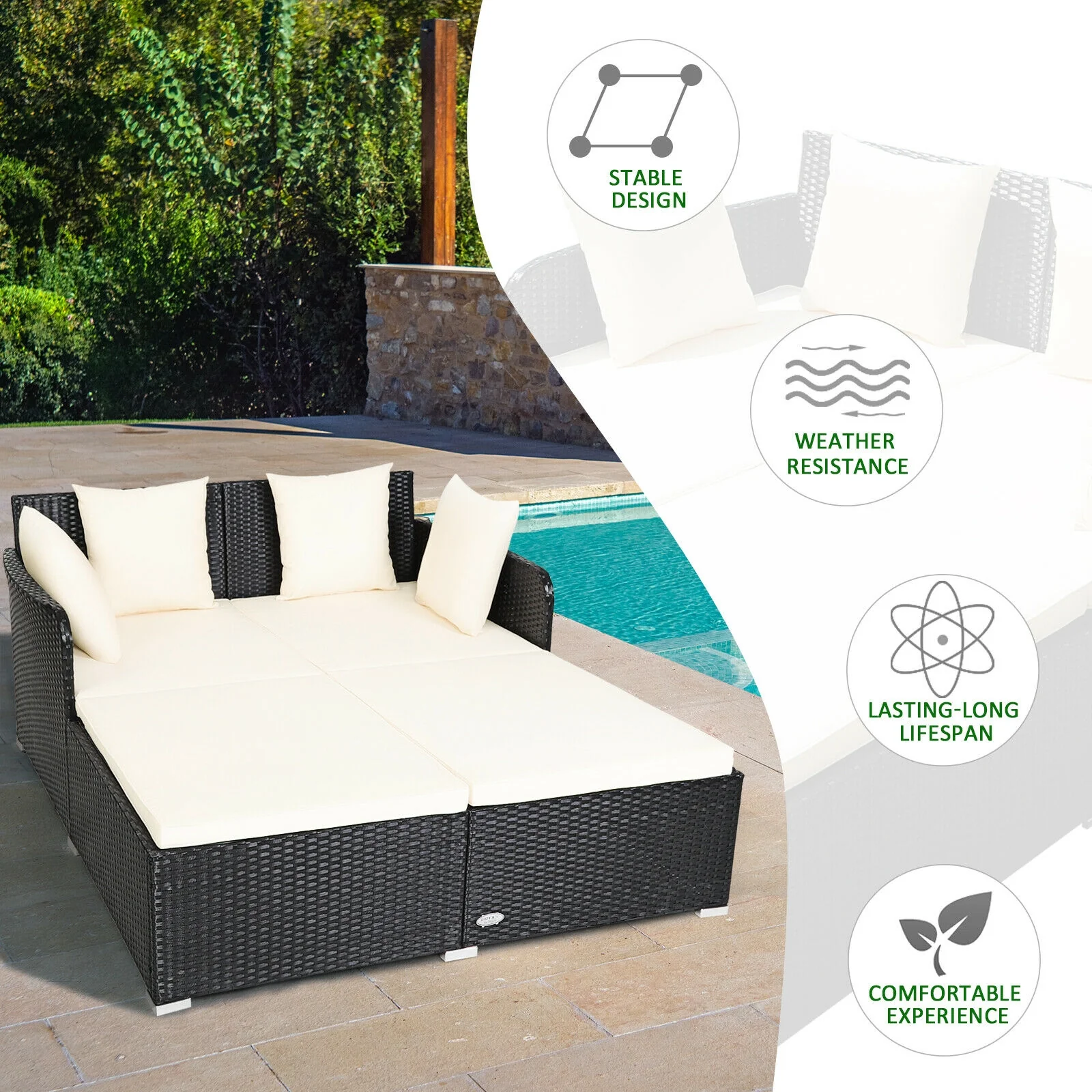 Outdoor Rattan Daybed With Upholstered Cushions, White - Image 9
