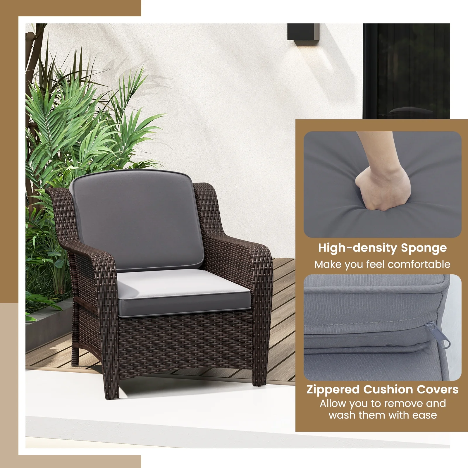 Outdoor Rattan Furniture Set, 3 Pieces, With Cushions And Glass Table, Gray - Image 10