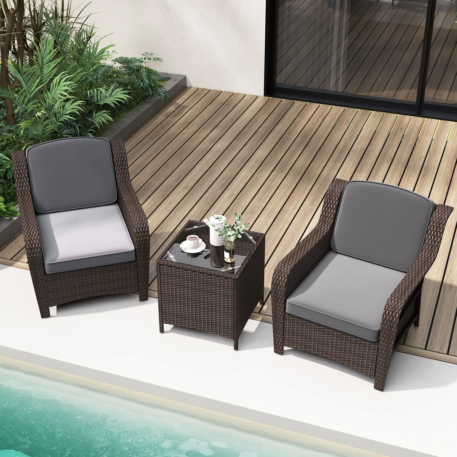 Outdoor Rattan Furniture Set, 3 Pieces, With Cushions And Glass Table, Gray - Image 2