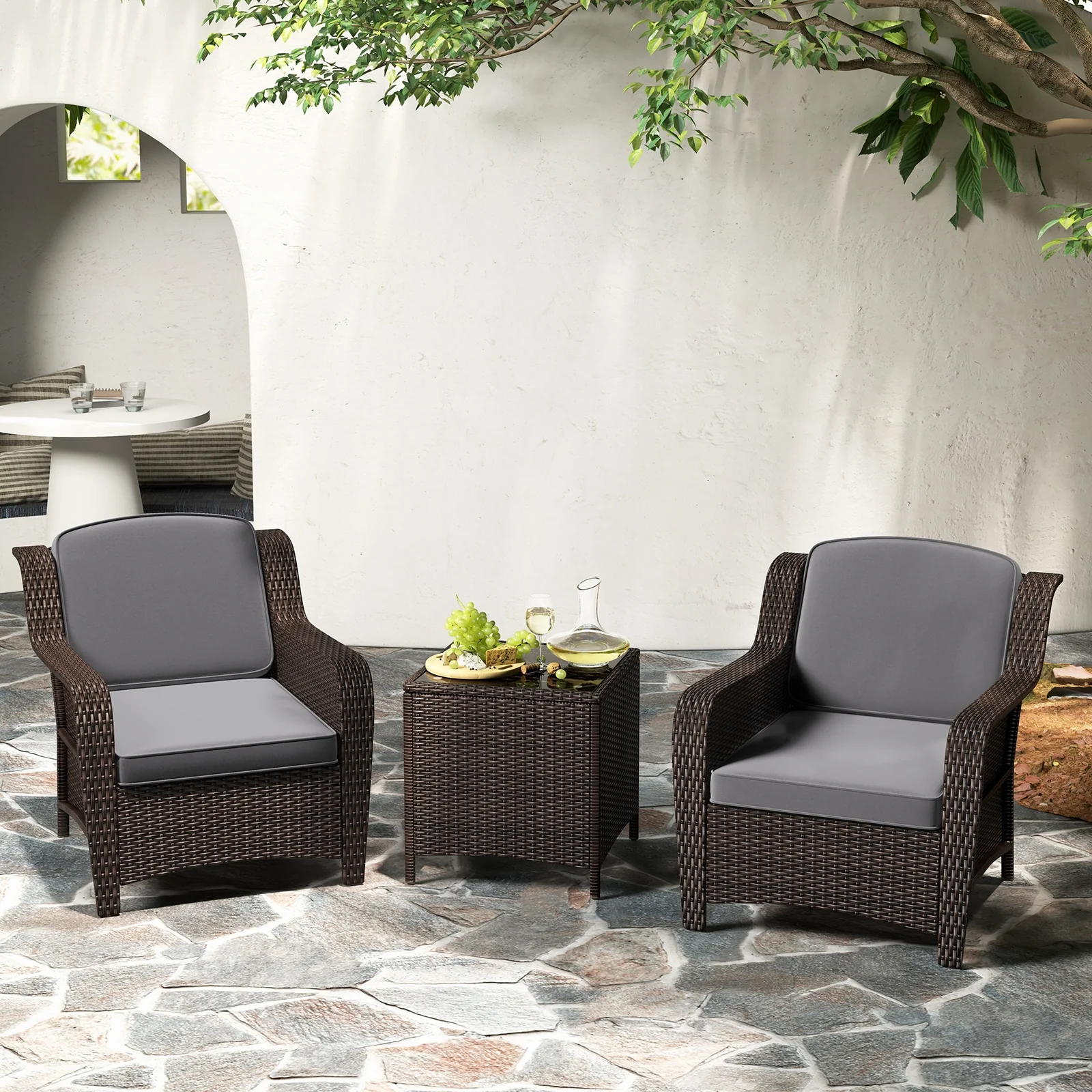 Outdoor Rattan Furniture Set, 3 Pieces, With Cushions And Glass Table, Gray - Image 3