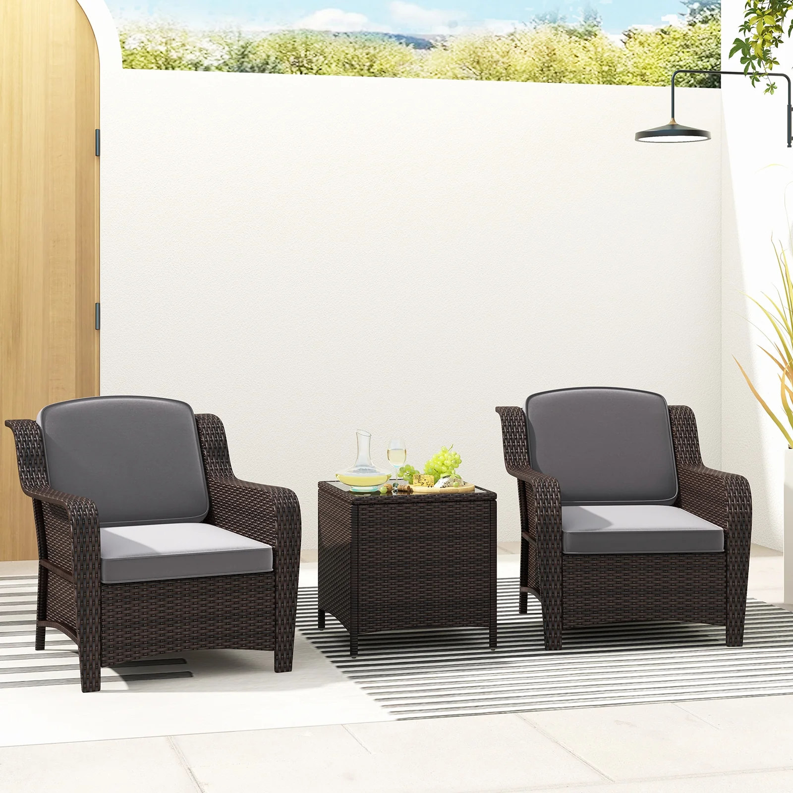 Outdoor Rattan Furniture Set, 3 Pieces, With Cushions And Glass Table, Gray - Image 7