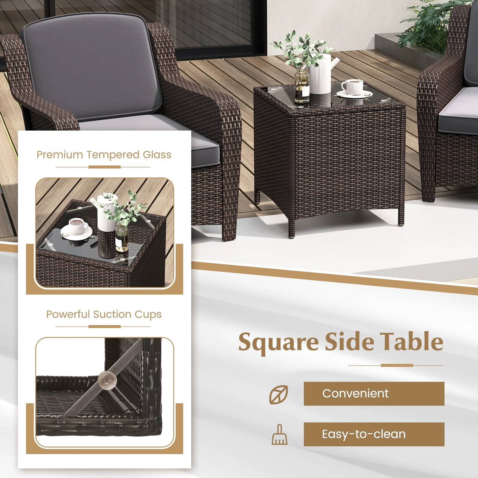 Outdoor Rattan Furniture Set, 3 Pieces, With Cushions And Glass Table, Gray - Image 9