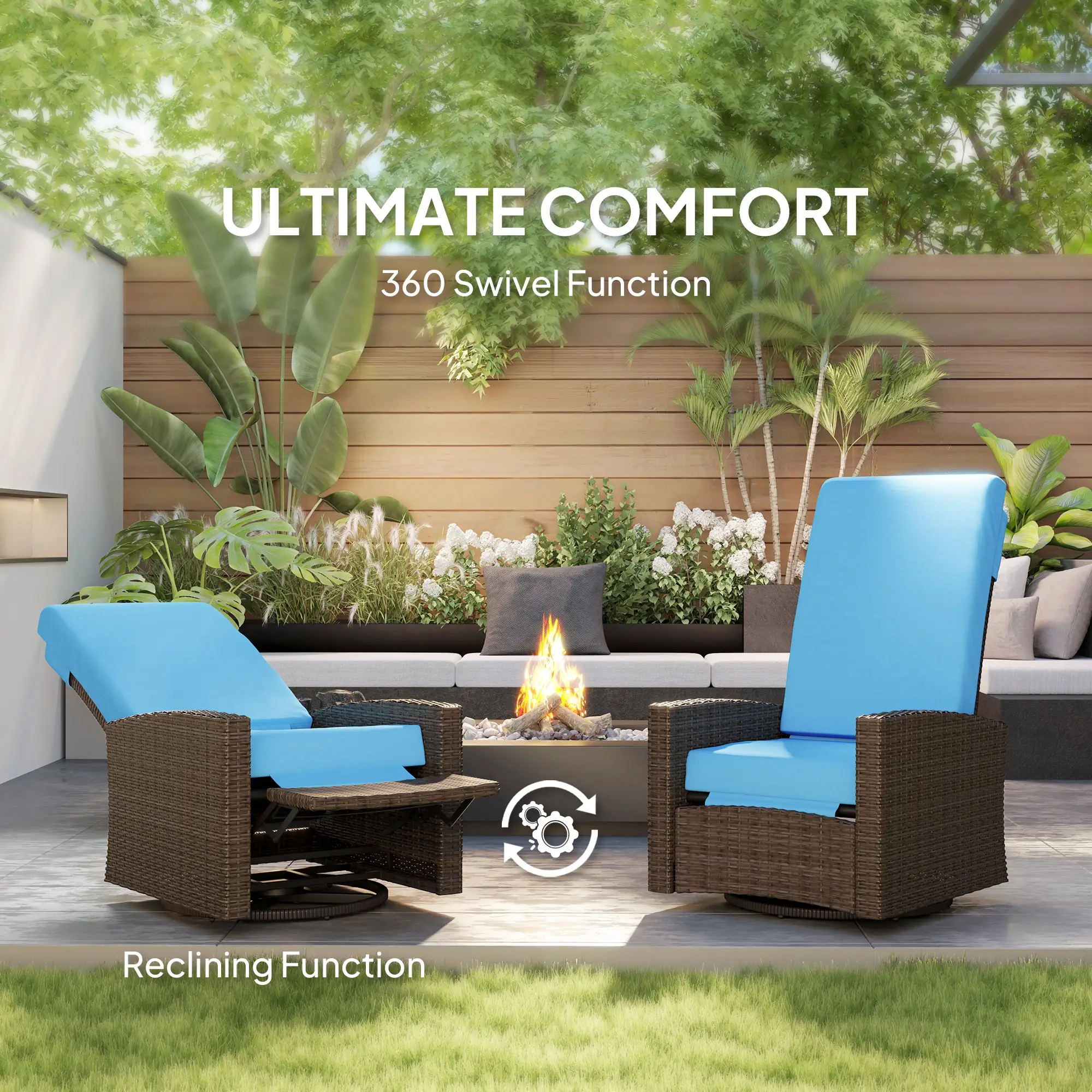 Outdoor Rattan Lounge Chair with Footrest, Soft Cushion, Sky Blue - Image 5
