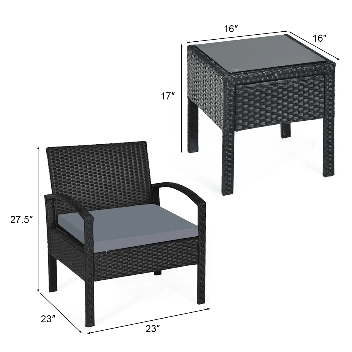 Outdoor Rattan Patio Conversation Set, 3 Pieces, Gray - Image 6
