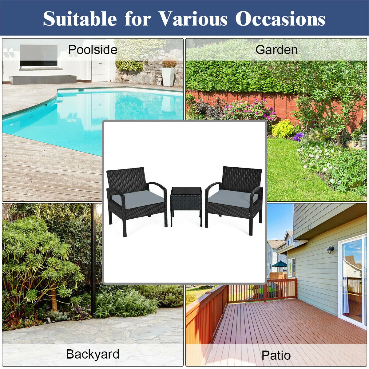 Outdoor Rattan Patio Conversation Set, 3 Pieces, Gray - Image 7
