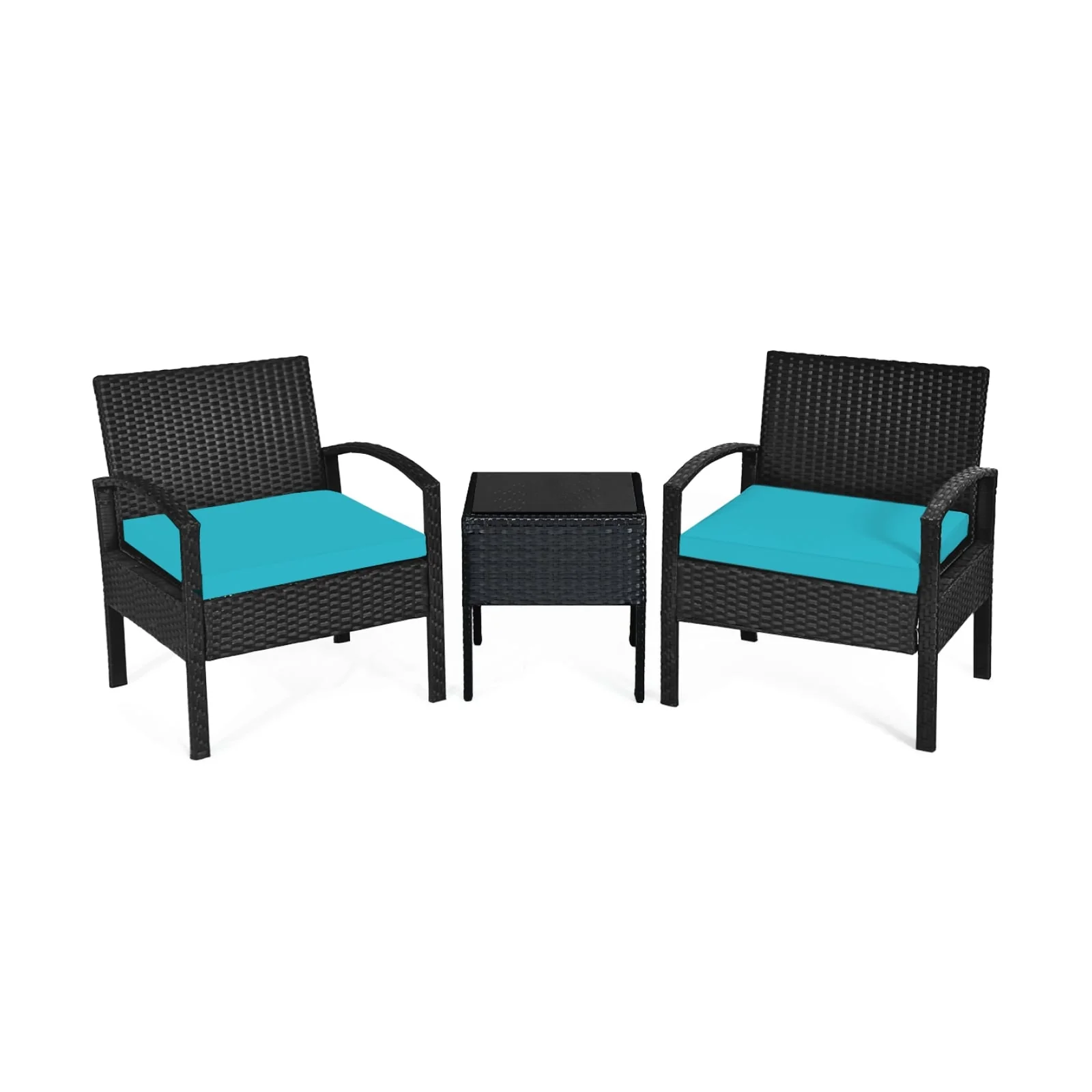 Outdoor Rattan Patio Conversation Set, 3 Pieces, Turquoise - Image 2