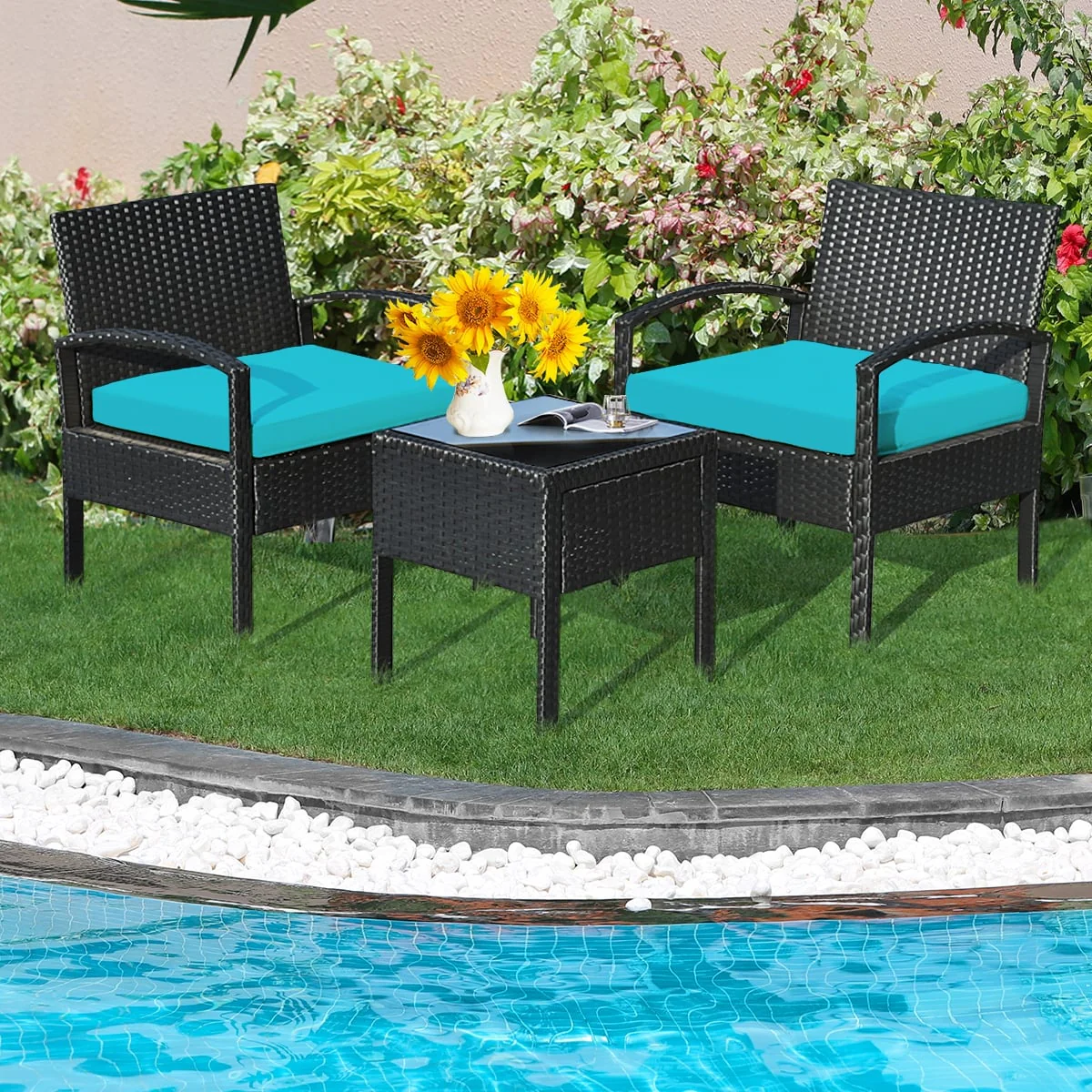 Outdoor Rattan Patio Conversation Set, 3 Pieces, Turquoise - Image 3