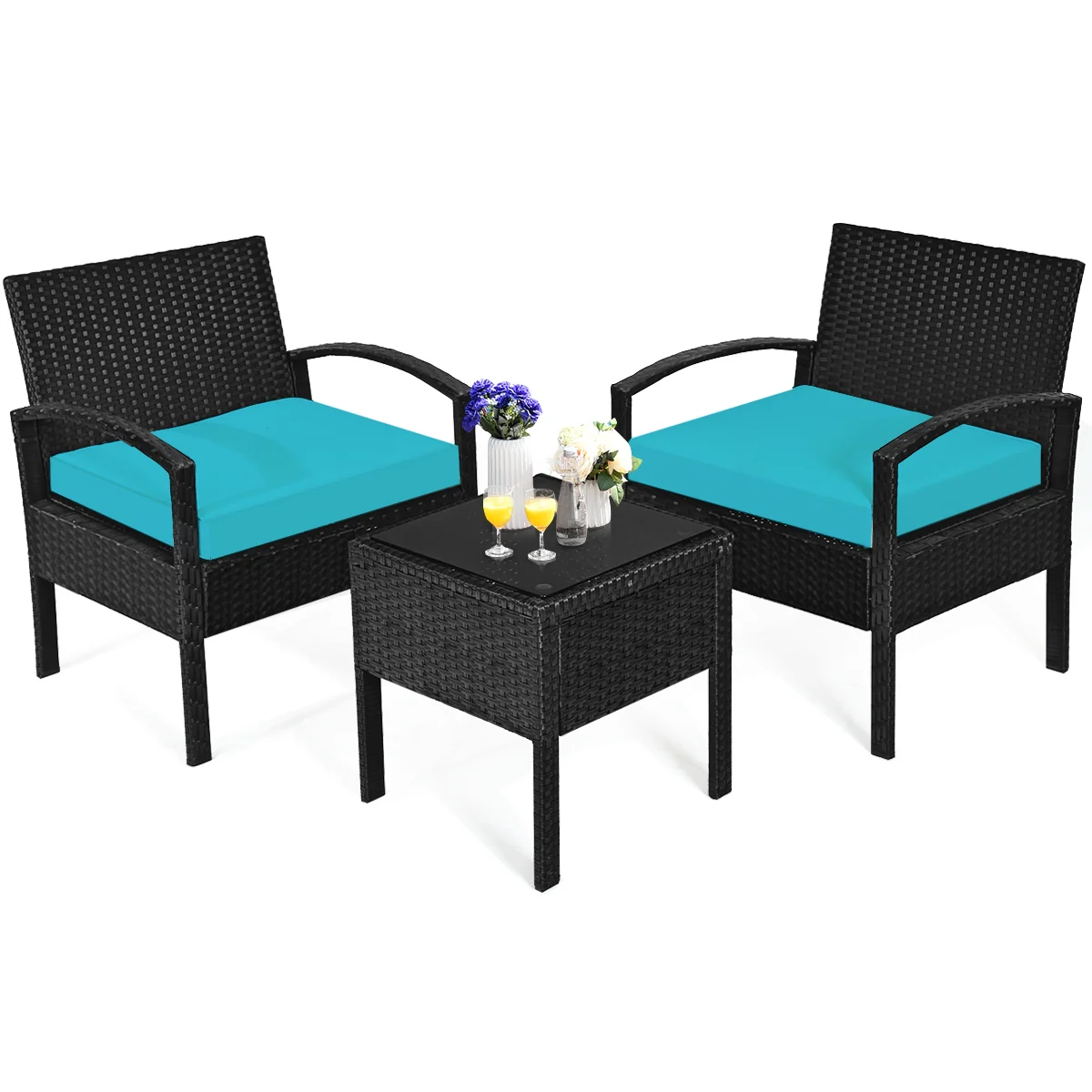 Outdoor Rattan Patio Conversation Set, 3 Pieces, Turquoise - Image 5