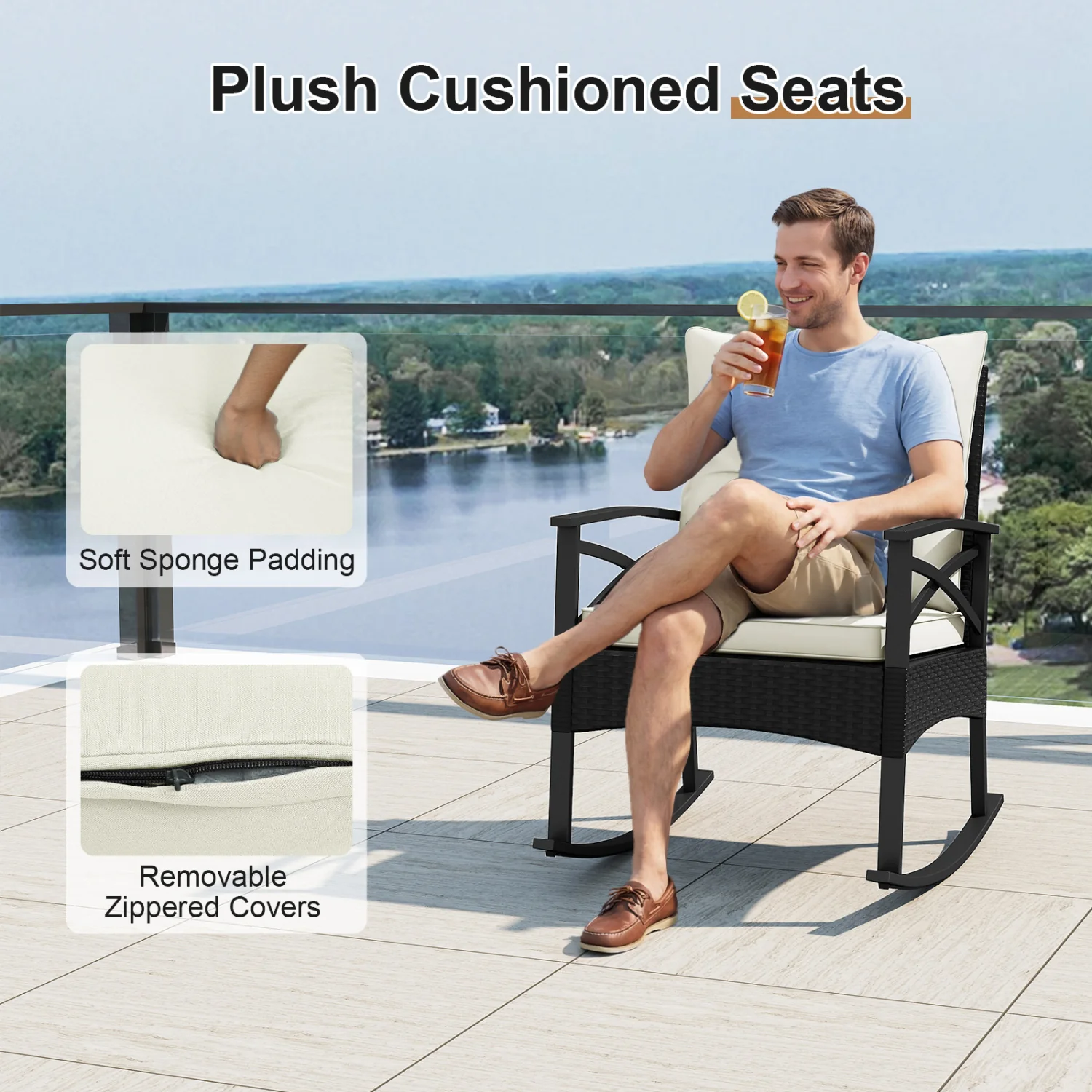 Outdoor Rattan Rocking Chairs Set, 2-Tier Side Table, White - Image 10