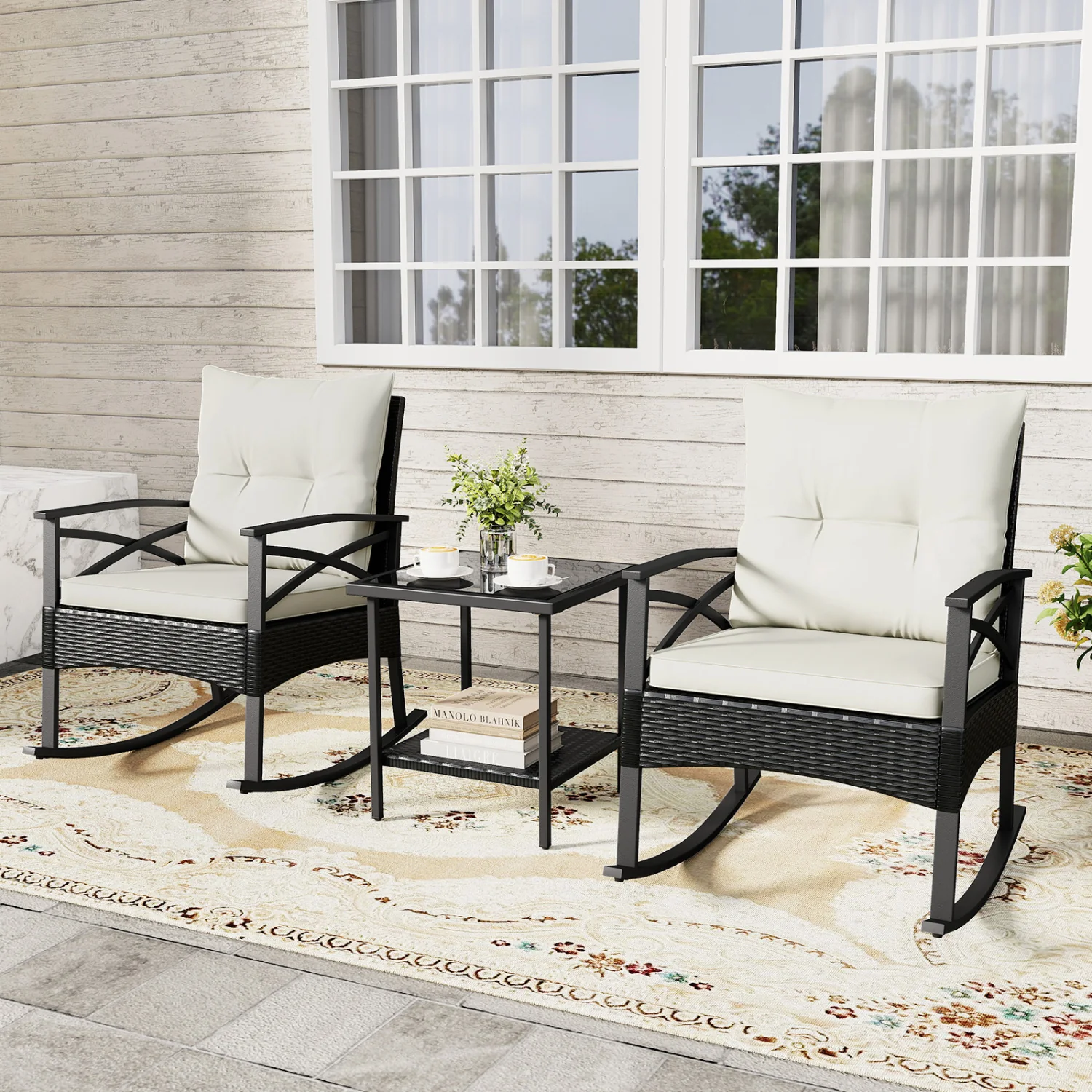Outdoor Rattan Rocking Chairs Set, 2-Tier Side Table, White - Image 2